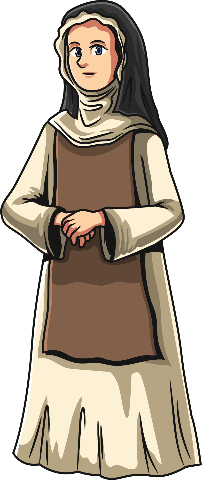 Cartoon depiction of a woman wearing a beige headscarf, long beige dress, and brown apron, with hands clasped in front of her.