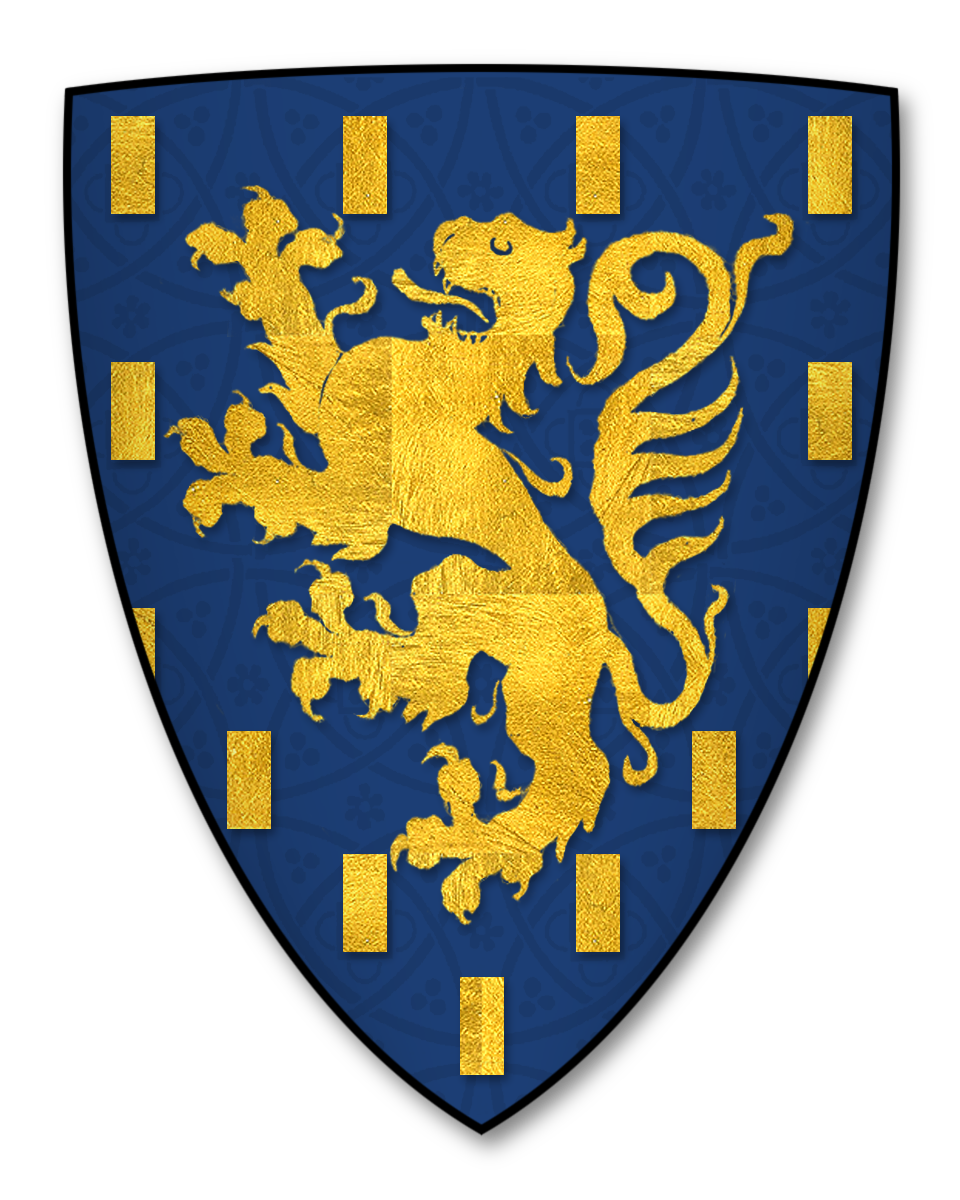 A shield featuring a golden lion and dragon on a blue background with gold rectangular accents around the edges.