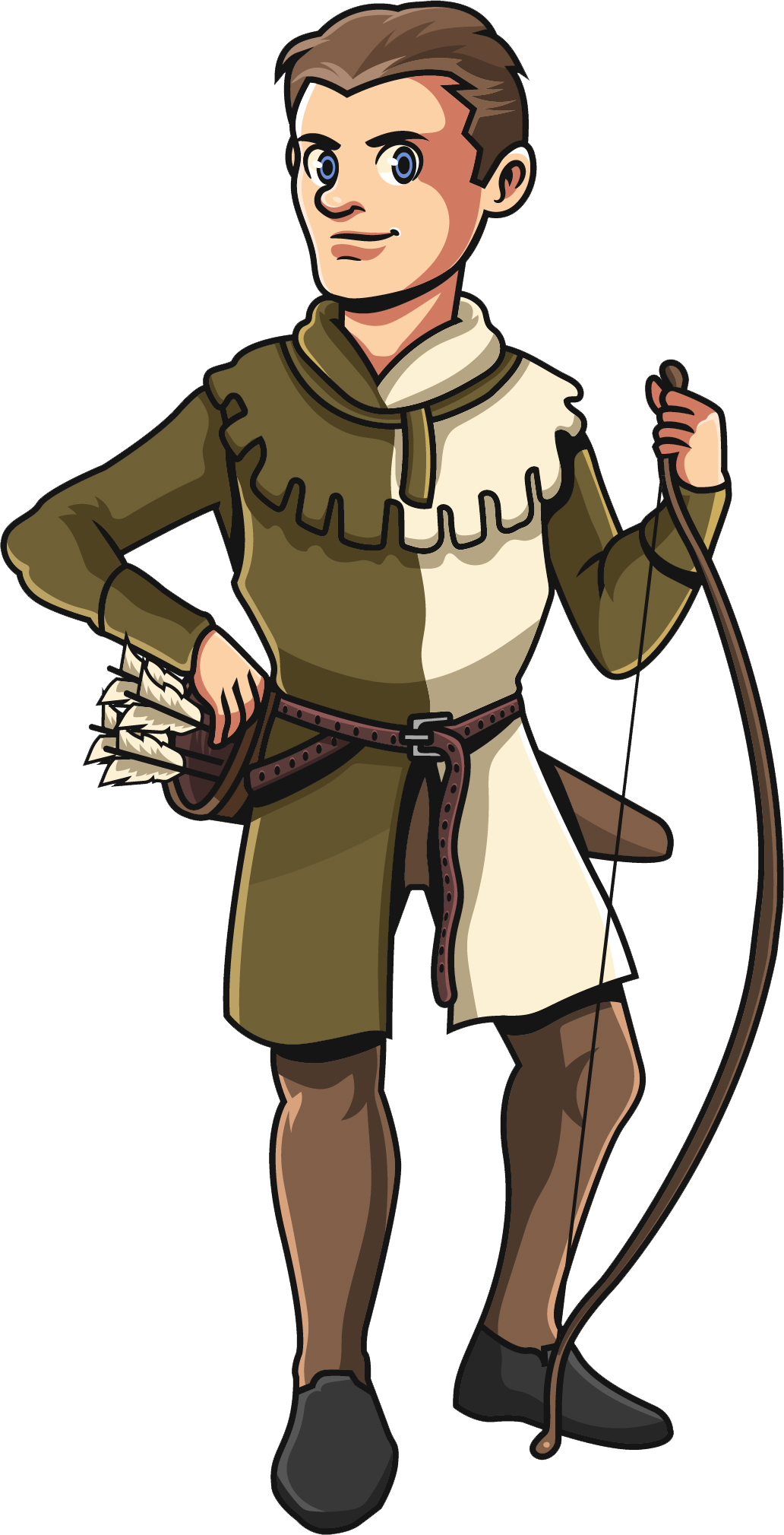 Animated depiction of a young man dressed as an archer, holding a bow in his right hand, with a quiver of arrows on his hip, wearing medieval-style clothing with a mix of green and cream fabric.