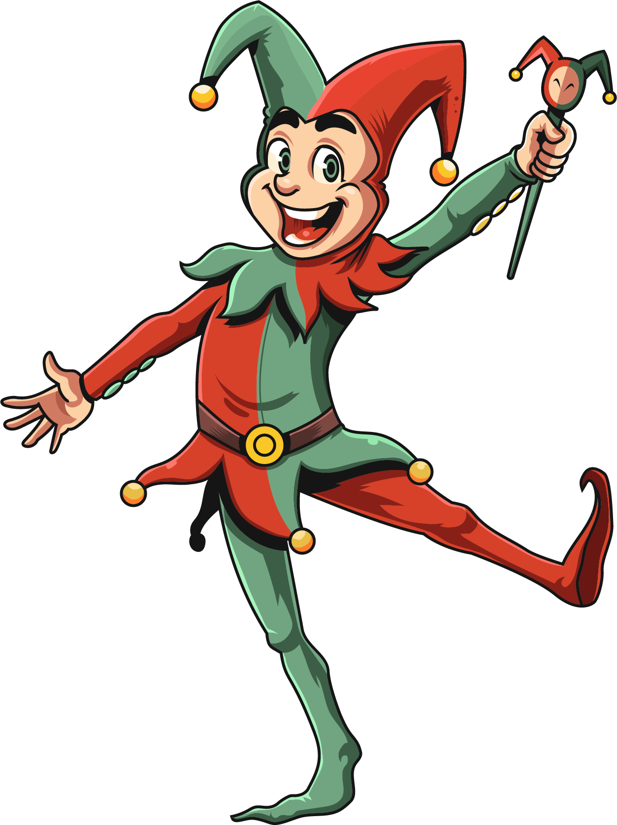 Colorful cartoon jester in a playful pose, wearing a red and green costume with a matching hat and holding a scepter.