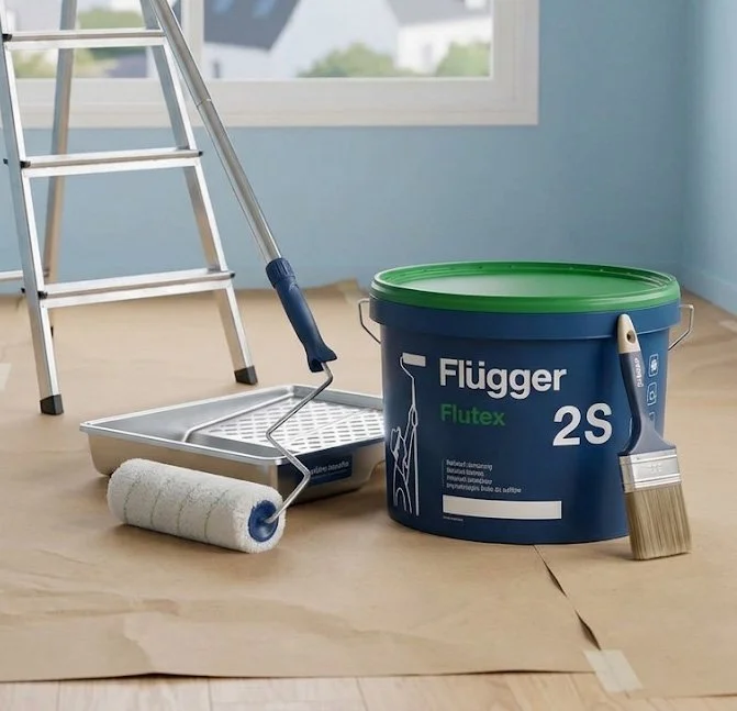 Flügger Flutex 2S peinture plafond mate sans trace, pot 10 litres bleu couvercle vert, rouleau microfibre et bac métallique