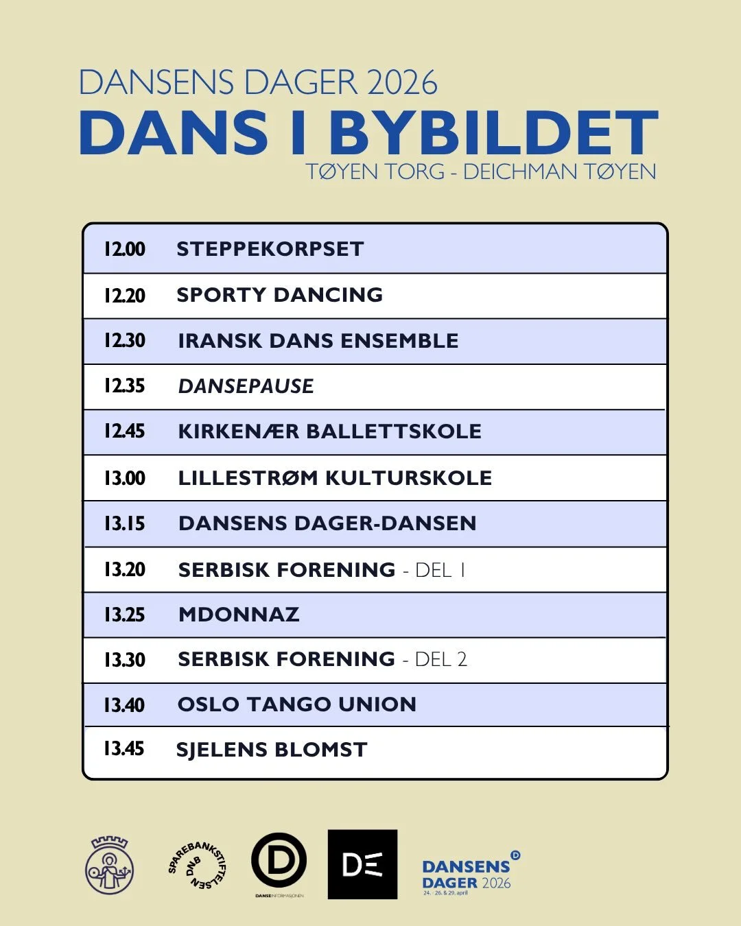Programmet for Dans i bybildet er ute - l&oslash;rdag 25. april kan du se dans flere steder i Oslo sentrum:

- T&oslash;yen torg ved Deichman T&oslash;yen 
- Voldsl&oslash;kka kulturstasjon
- Gr&oslash;nland ved Nordic Black Theatre
- Dansens hus 

K