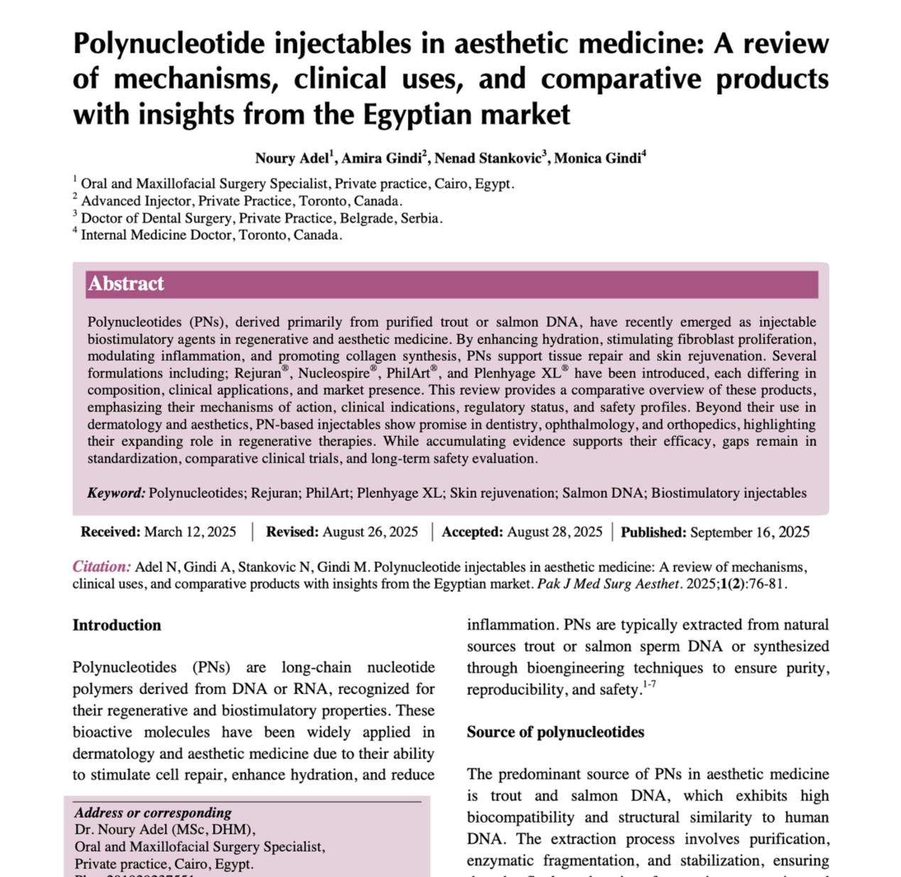 Polynucleotide injectables in aesthetic medicine: A review of mechanisms, clinical uses, and comparative products with insights from the Egyptian market