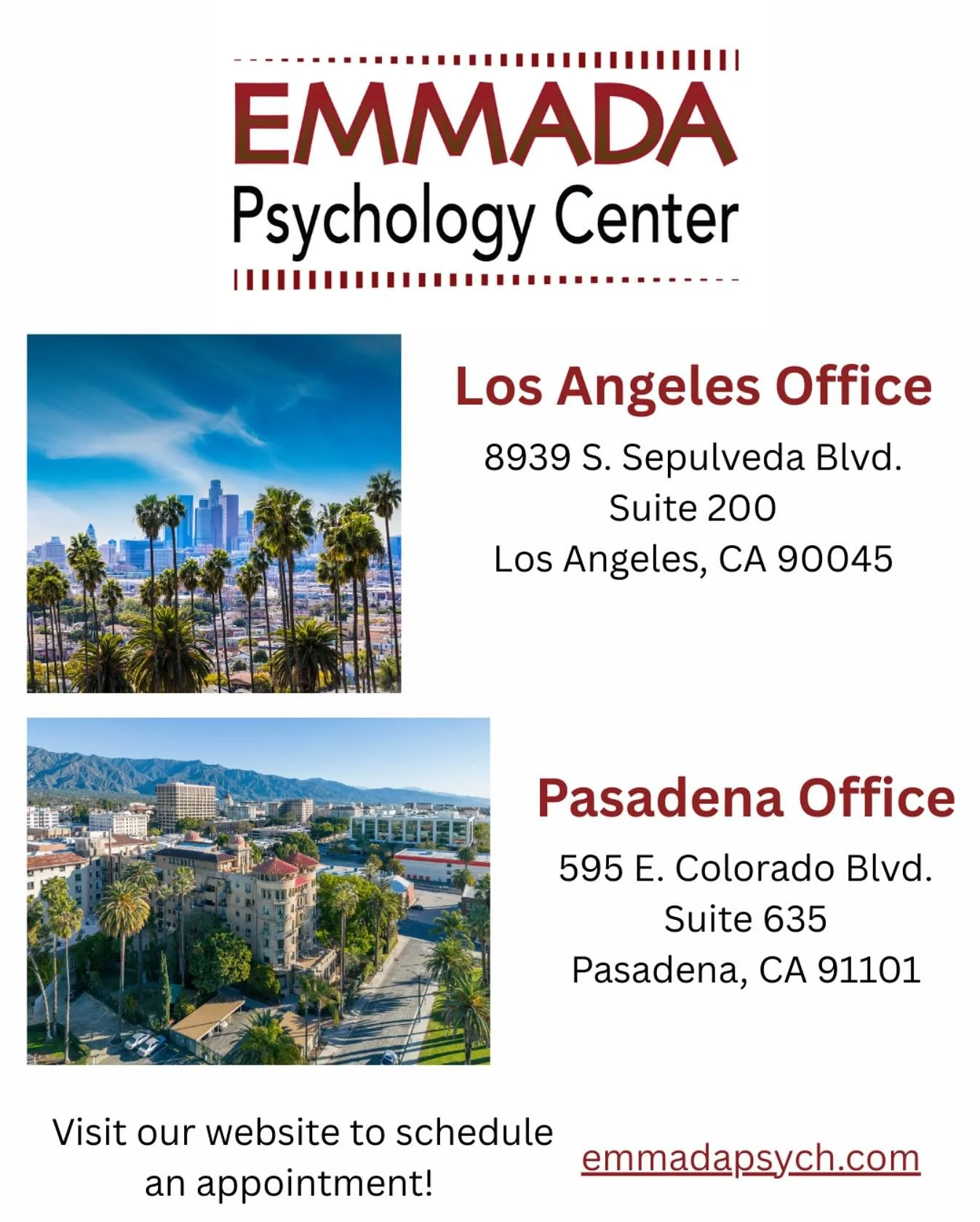 ❤️We&rsquo;re here for you in two beautiful locations 
Whether you&rsquo;re near the sunny skyline of Los Angeles or the cozy charm of Pasadena, Emmada Psychology center is here to walk with you on your journey to healing and growth.

Emmadapsych.com