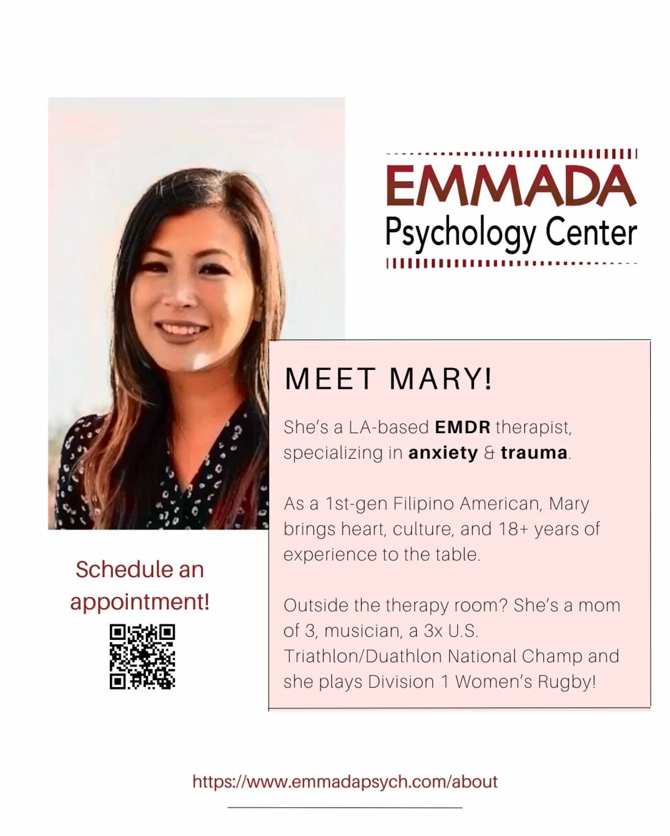 🌟 Meet Mary &ndash; Our Newest Therapist at Emmada!
Mary is an LA-based EMDR therapist who specializes in anxiety and trauma. With 18+ years of experience and a heart rooted in her 1st-gen Filipino American identity, she brings empathy, culture, and