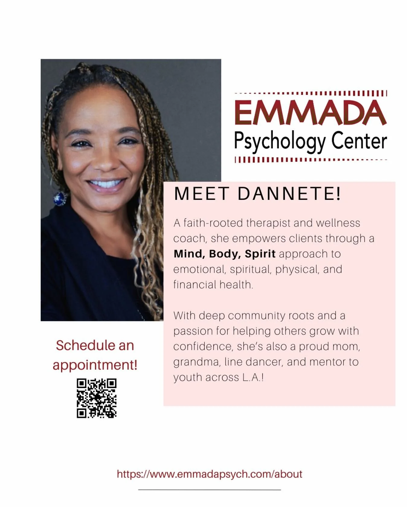 🌟 Meet Dannete &ndash; The Newest Member of Our Emmada Family!
We are excited to welcome Dannete, a faith-rooted therapist and wellness coach who empowers clients through a Mind, Body, Spirit approach. ✨
Her deep community roots and passion for help