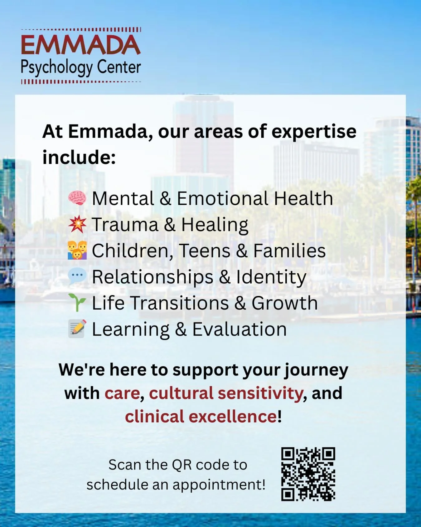 Struggling with anxiety, depression, or burnout? Your mental health journey deserves care, cultural sensitivity, and clinical excellence. ❤️

At Emmada Psychology Center, we provide compassionate, culturally sensitive care for those navigating:

✨ An