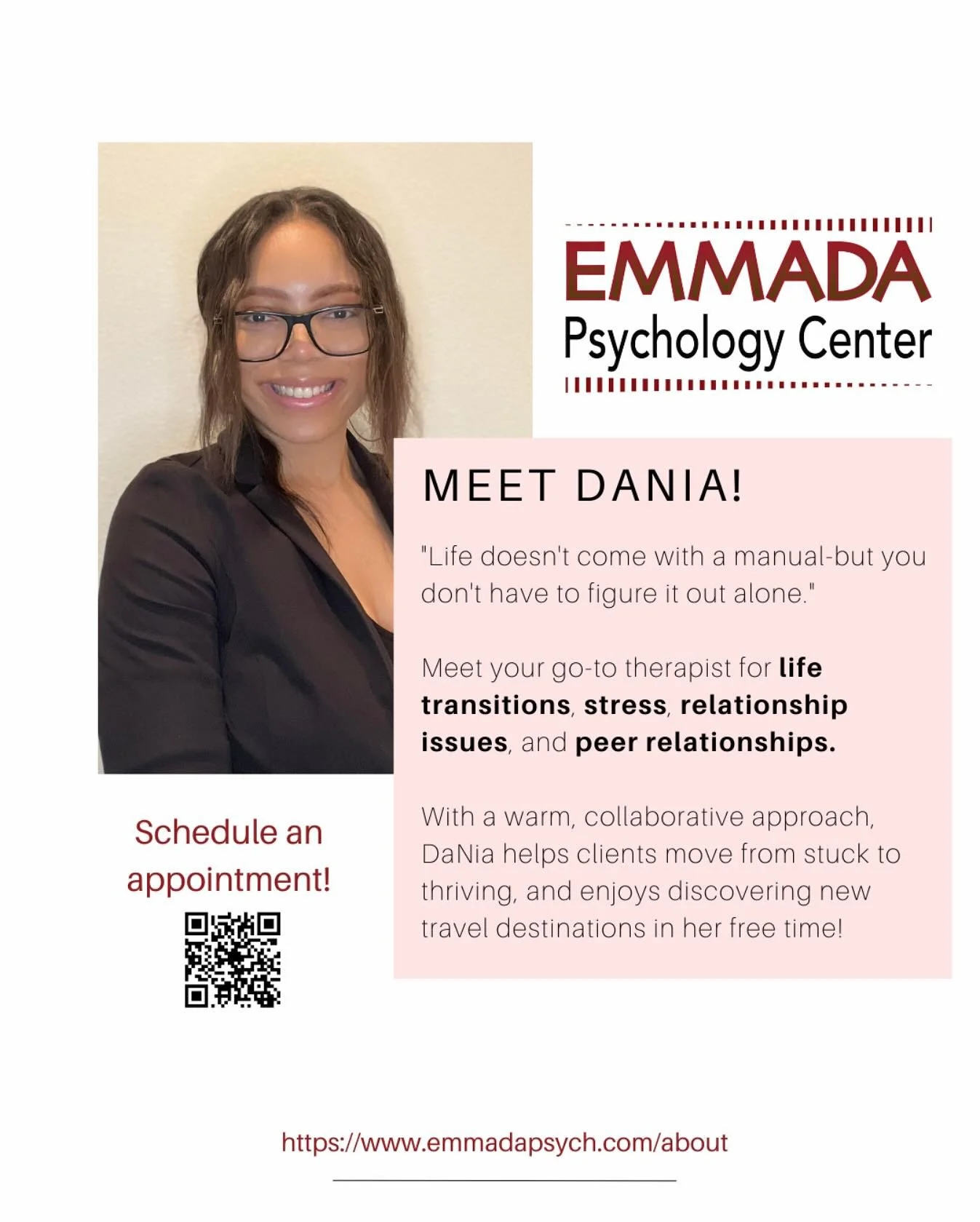 ❤️At Emmada Psychology, we&rsquo;re proud to introduce DaNia!

She&rsquo;s your go-to therapist for navigating life transitions, managing stress, healing relationship challenges, and strengthening peer connections. 💛

With a warm and collaborative a