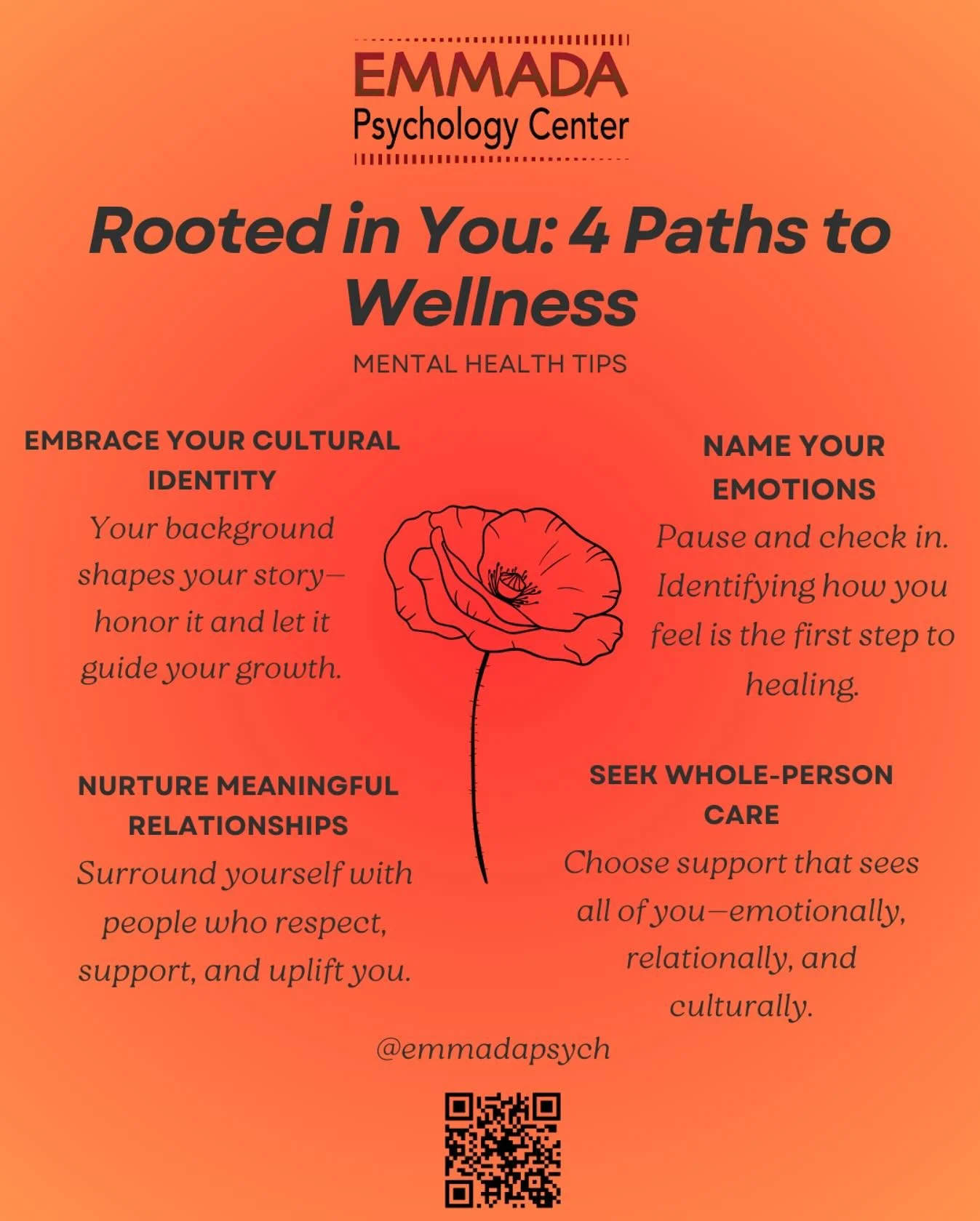 Wellness isn&rsquo;t one-size-fits-all&mdash;your story matters! 🧠✨

At Emmada Psychology, we believe healing starts with understanding who you are and what you&rsquo;ve been through.

Here are 4 mental health tips rooted in you&mdash;your identity,