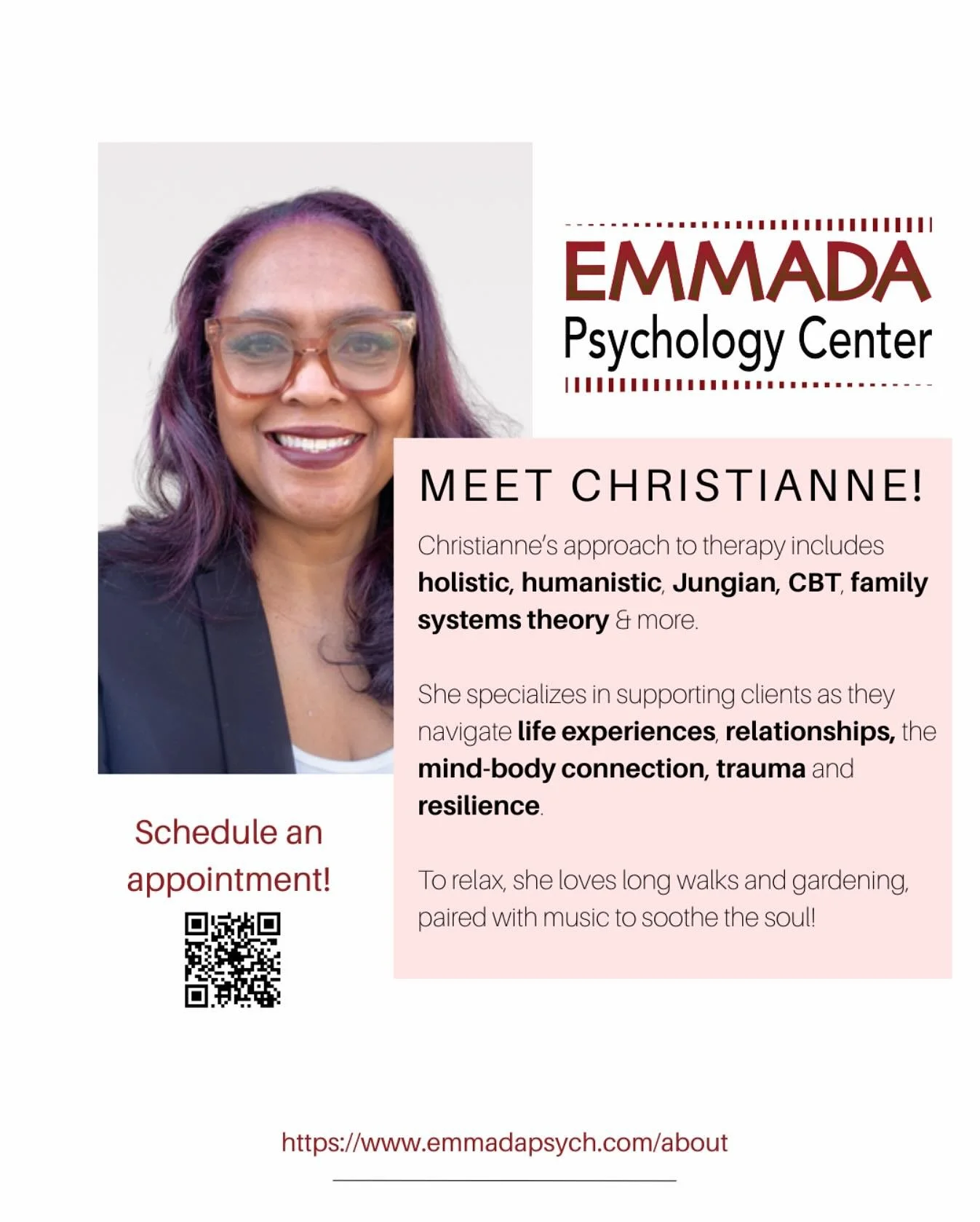 🌿 Meet Christianne &mdash; the newest member of our Emmada Psychology team! ❤️

Christianne brings a compassionate, holistic approach to therapy&mdash;drawing from modalities like CBT, Jungian, humanistic, and family systems theory.

She specializes
