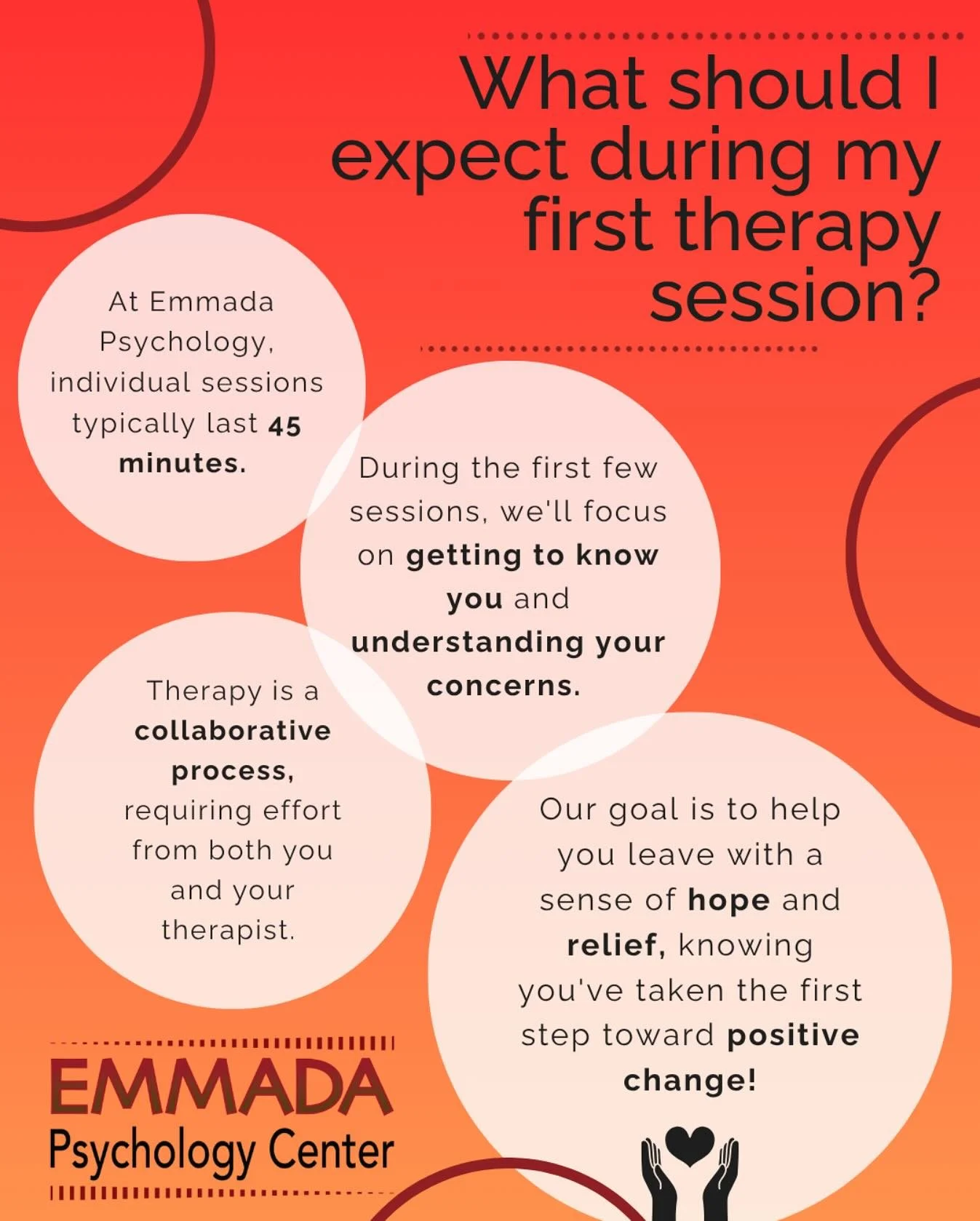 ✨ New to therapy? You&rsquo;re not alone. ✨
At Emmada Psychology Center, we know the first step can feel overwhelming&mdash;but we&rsquo;re here to guide you with care and clarity.

In your first session, we&rsquo;ll focus on getting to know you, und