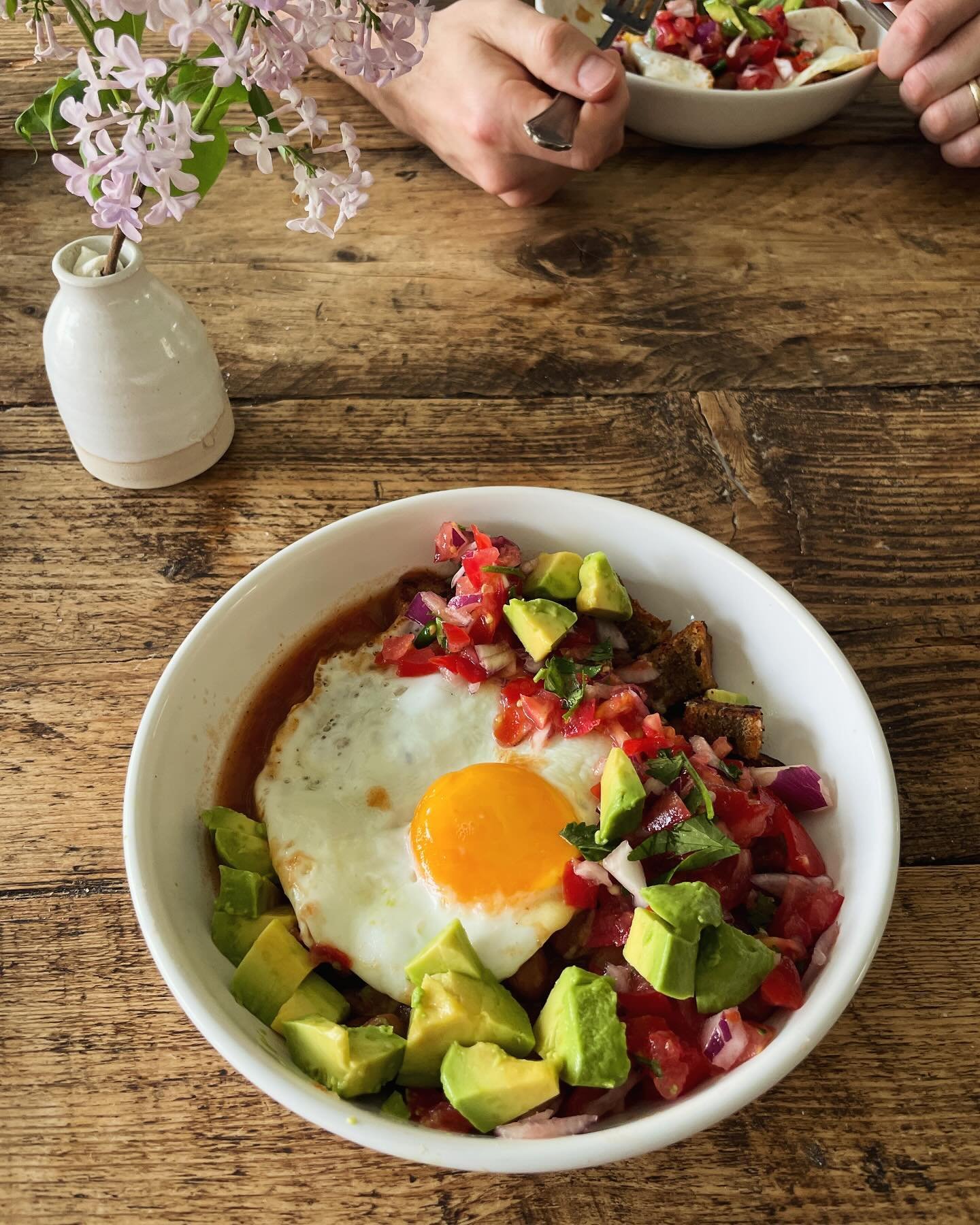 Things enjoyed from home recently.☺️

1/ a take on huevos rancheros w/ leftover blue cornbread cubes.
2/ said blue cornbread made with regular cornmeal AND blue corn masa harina.
3/ slow cooker chipotle beef chilli 
4/ my overwintering chilli plants 