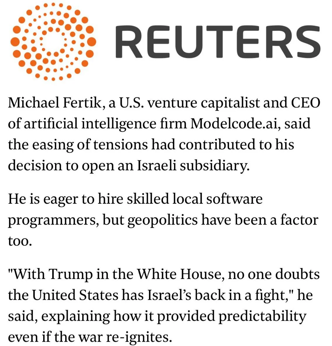 Michael Fertik in Reuters to discuss the return of investors to Israel