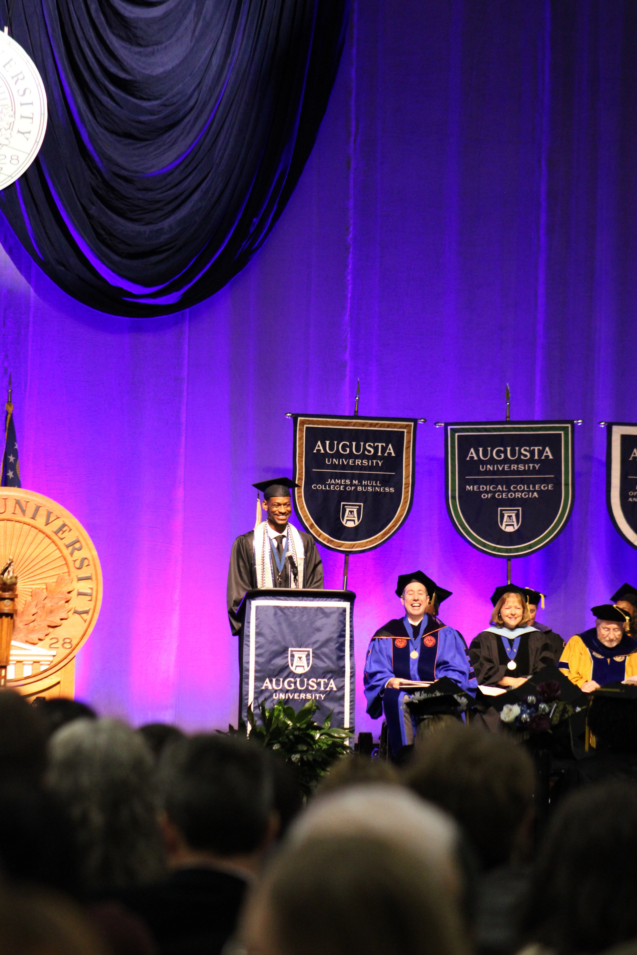  Undergraduate student commencement speaker Justin Goddard addresses the class of 2023 . (photo by Rakiyah Lenon)  
