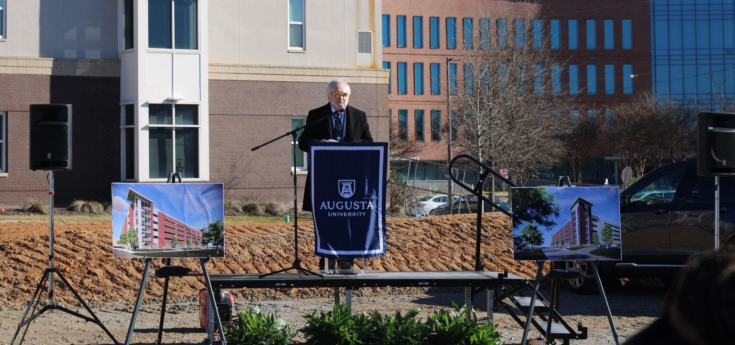  President Brooks Keel delivers remarks at the groundbreaking ceremony for the new parking deck on Jan. 29. 