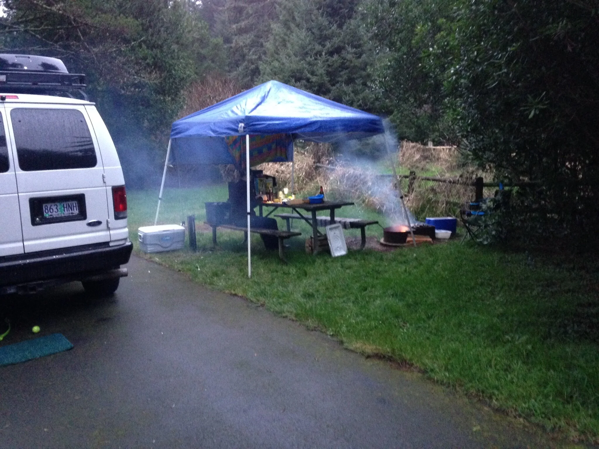 Our first camping trip. A van, a pop tent, and an inflatable bed. 