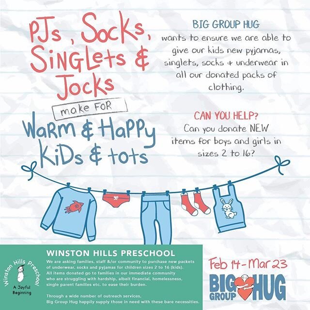 This year Winston Hills Preschool will once again be supporting @biggrouphug with their PJ&rsquo;s Singlets, Socks n Jocks APPEAL. 
Winston Hills Preschool will be taking donations from parents, families and those in our extended communities to help 