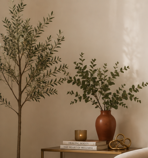 A brown vase with green leafy branches on a wooden table. There are four books, a small candle holder, and a decorative gold object next to the vase.