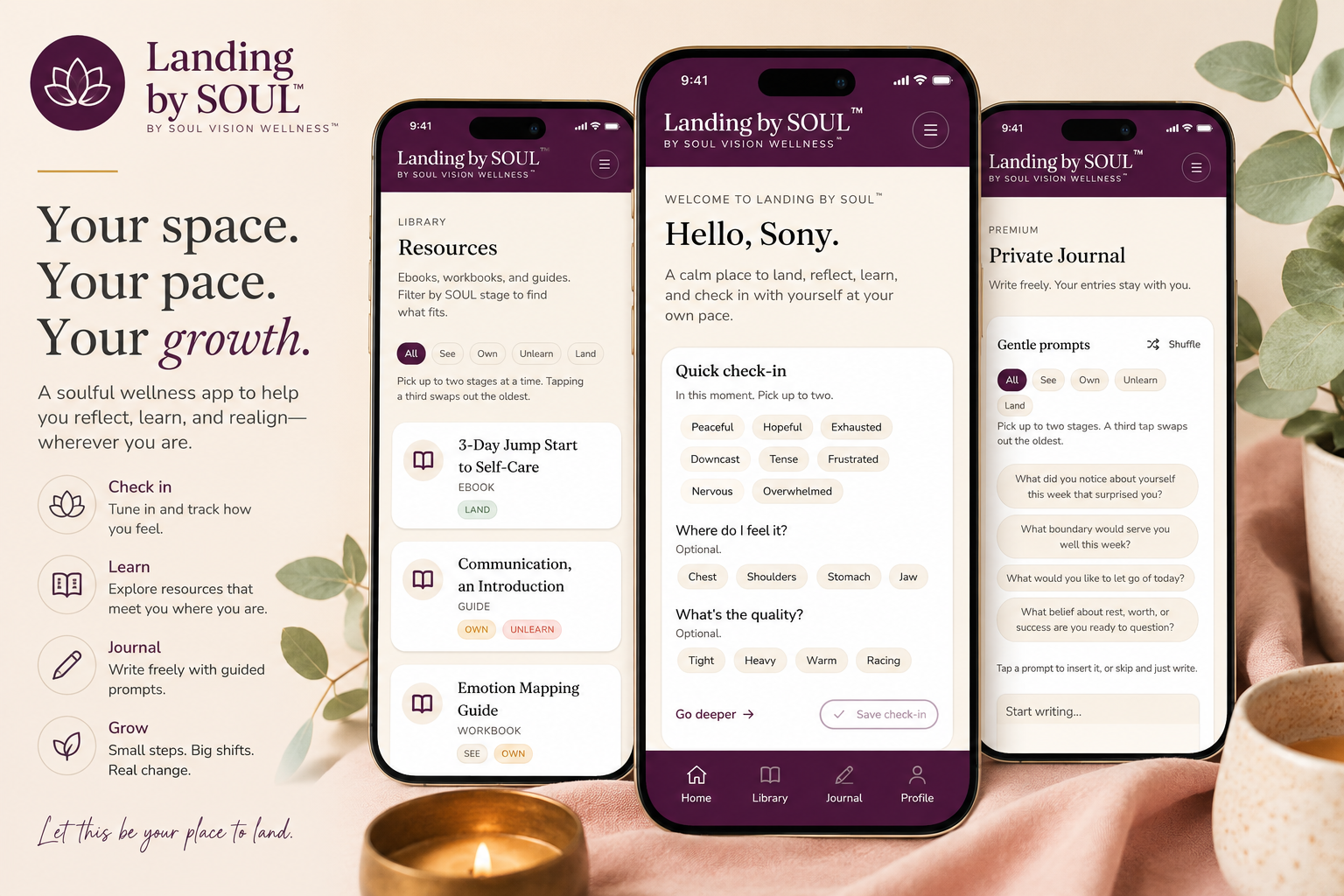 Promotional display of the mobile app 'Landing by SOUL' with screens showing resources, check-in, and journal features, alongside a wellness-themed background with plants, candles, and soft pink and beige tones.