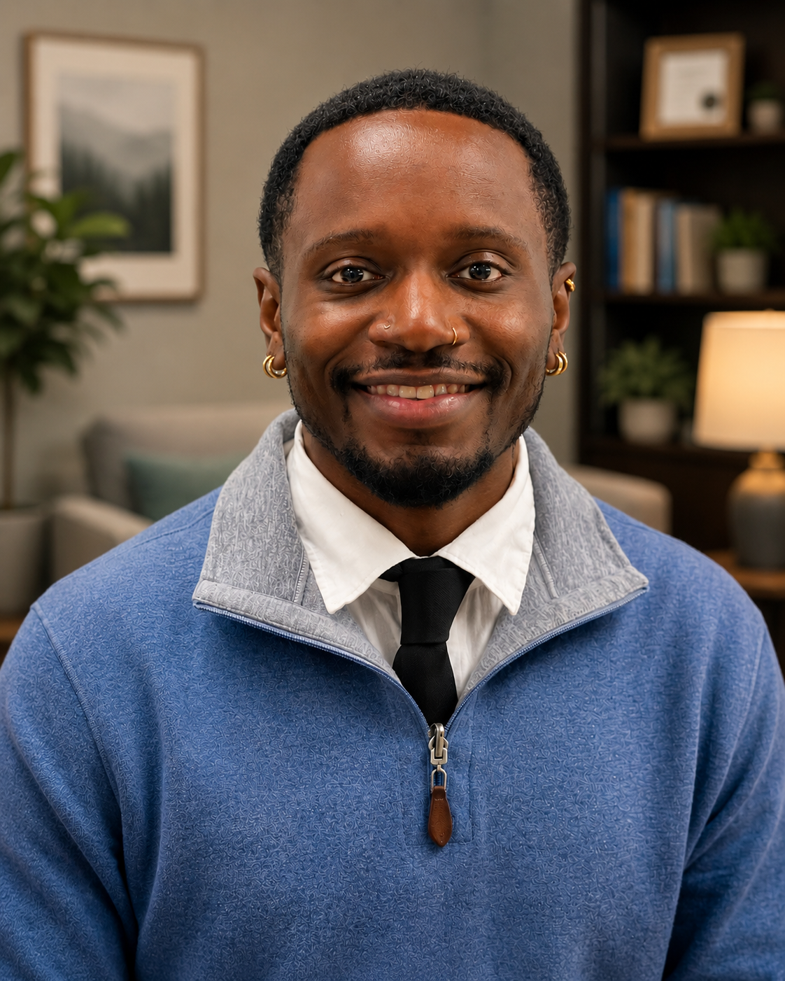 A smiling man with dark skin and short curly hair, wearing gold hoop earrings and small nose rings, dressed in a white shirt, black tie, and blue zip-up jacket, sitting in a warmly lit living room with framed wall art, bookshelf, plants, and a lamp in the background.