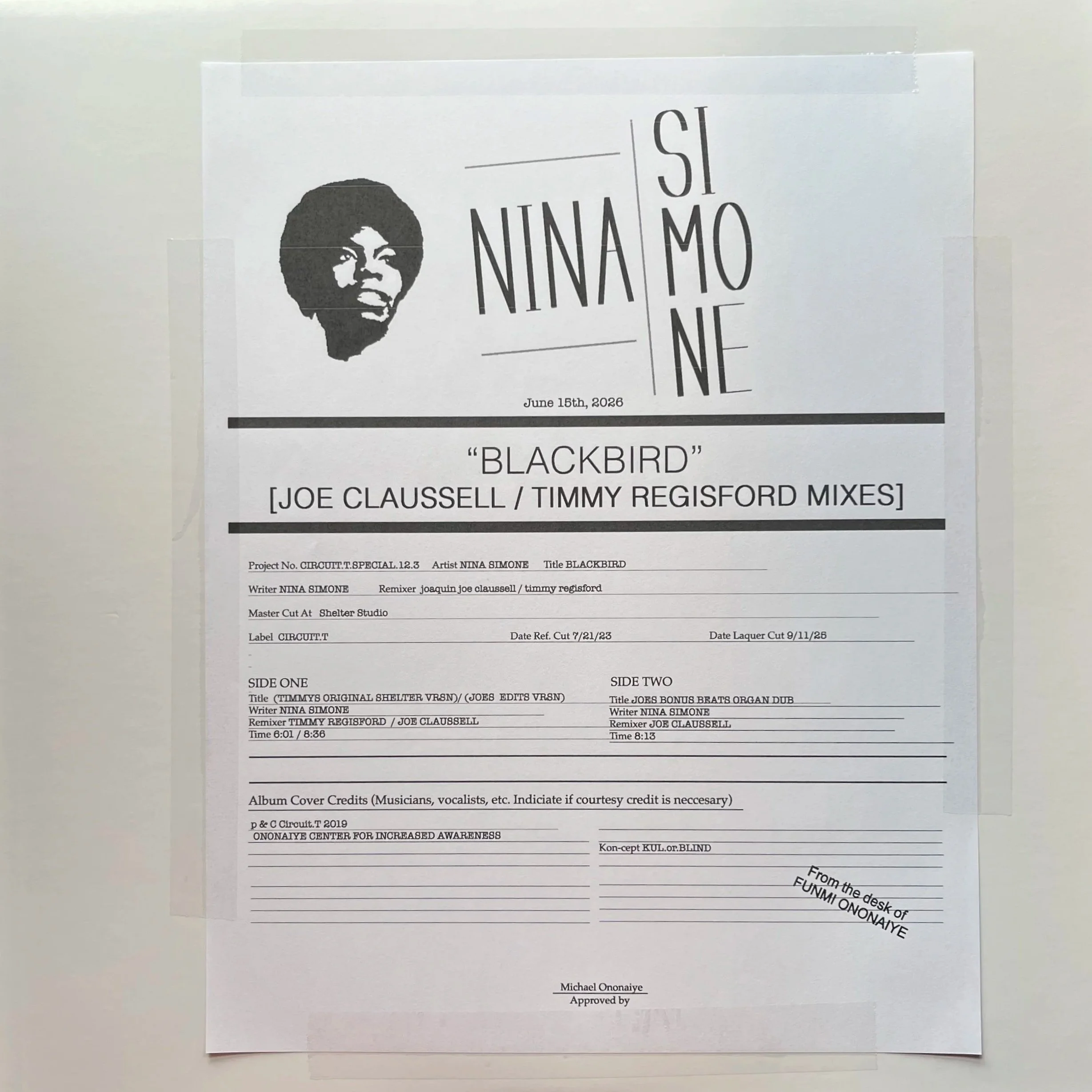 Nina Simone 'Blackbird' (Joaquin Joe Claussell / Timmy Regisford Mixes) Test Pressing