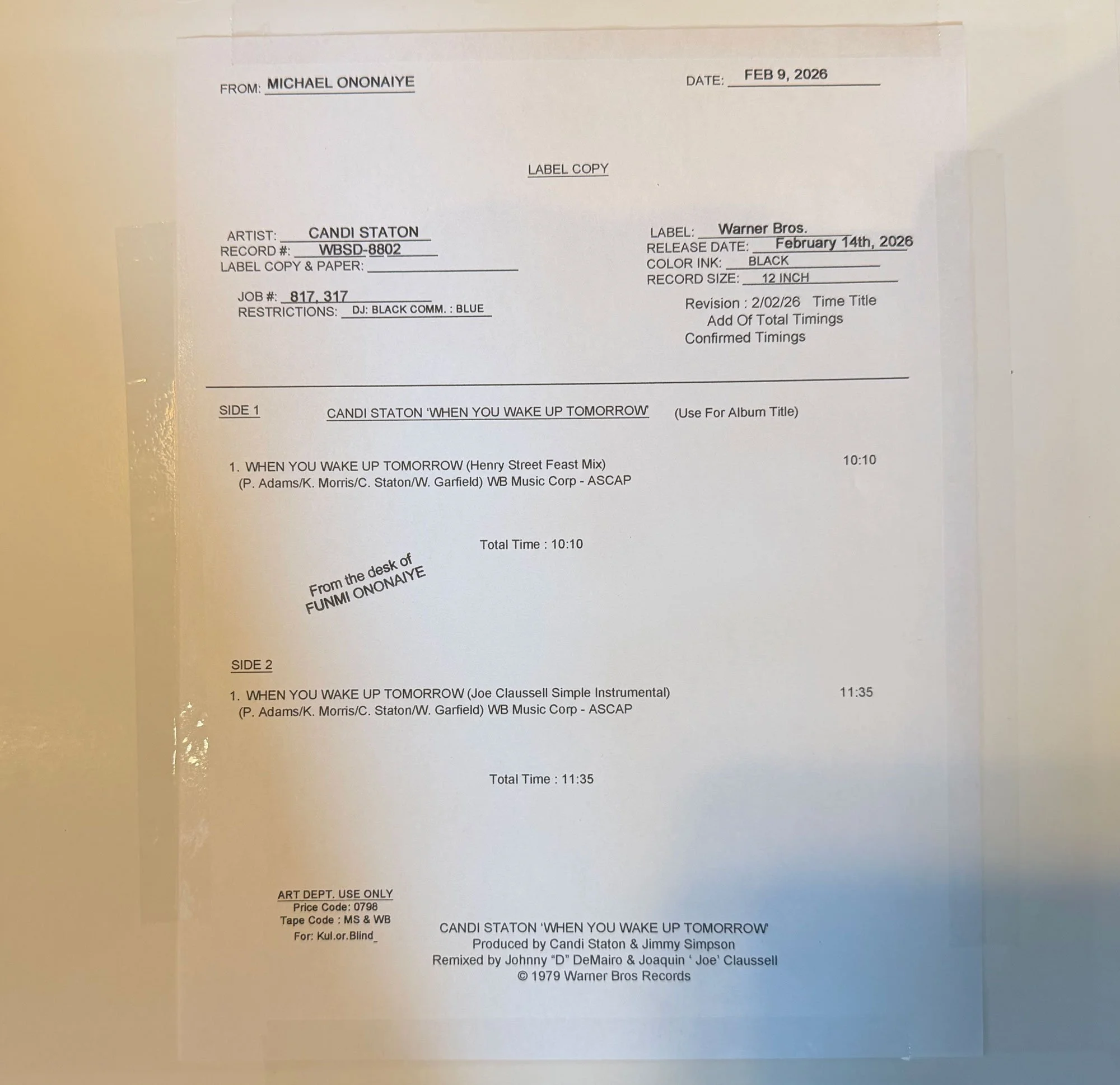 Candi Staton 'When You Wake Up Tomorrow' (Joe Claussell / Henry St. Mixes) (TEST PRESSING)