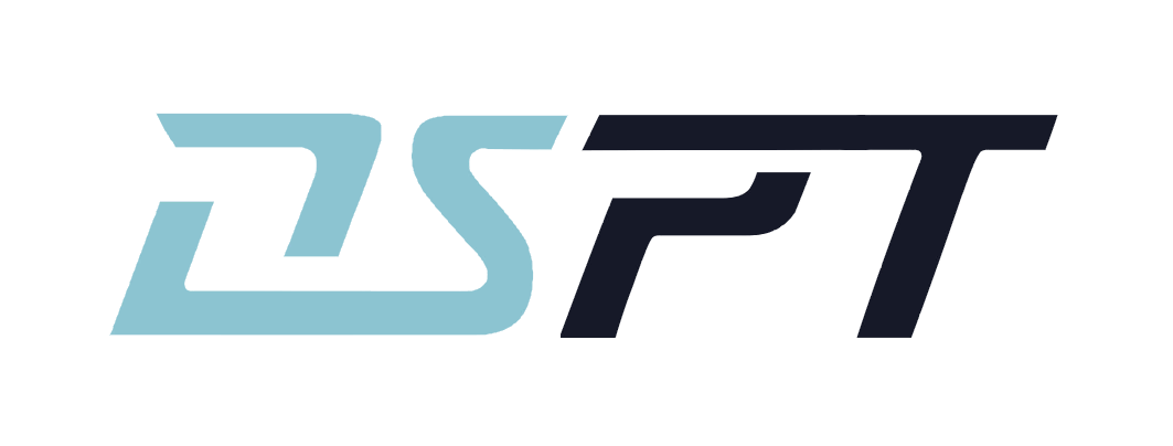 strength coaching, nutrition, wellness, physical therapy. Stylized logo with the letters 'DST' in light blue and dark blue colors.