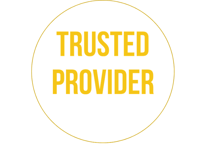 Black circular badge with yellow border and yellow text that reads "Trusted Provider" and white text below that reads "EllieMD Partner." Around the bottom edge of the circle, in white text, it says "BT, IGCS, Nutritionist, Coach."