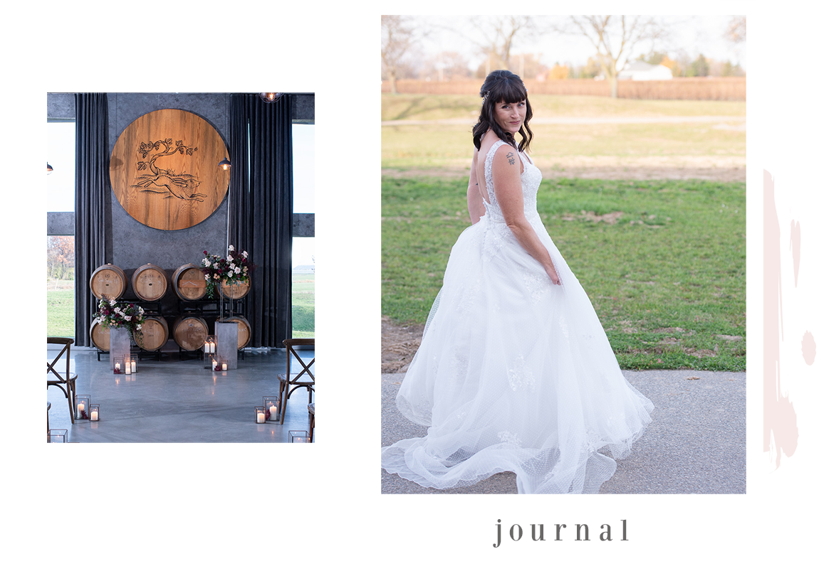 niagara wedding photographer images of bride at winery and barrel room ceremony.