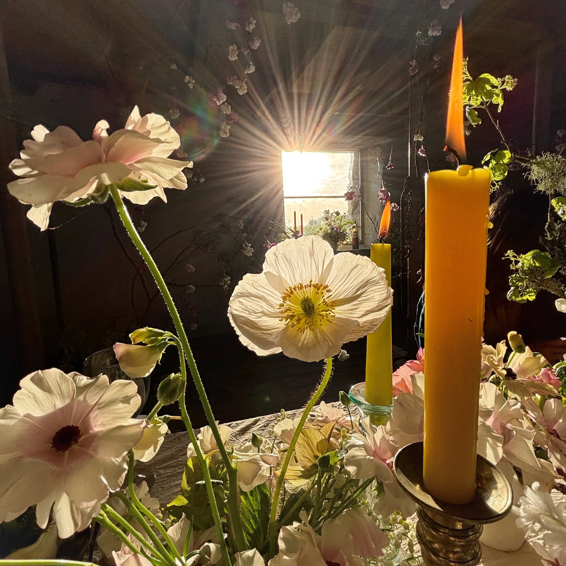 A table decorated with white and pink flowers, yellow candles, and greenery, with sunlight streaming through a small window in the background, creating a warm glow.