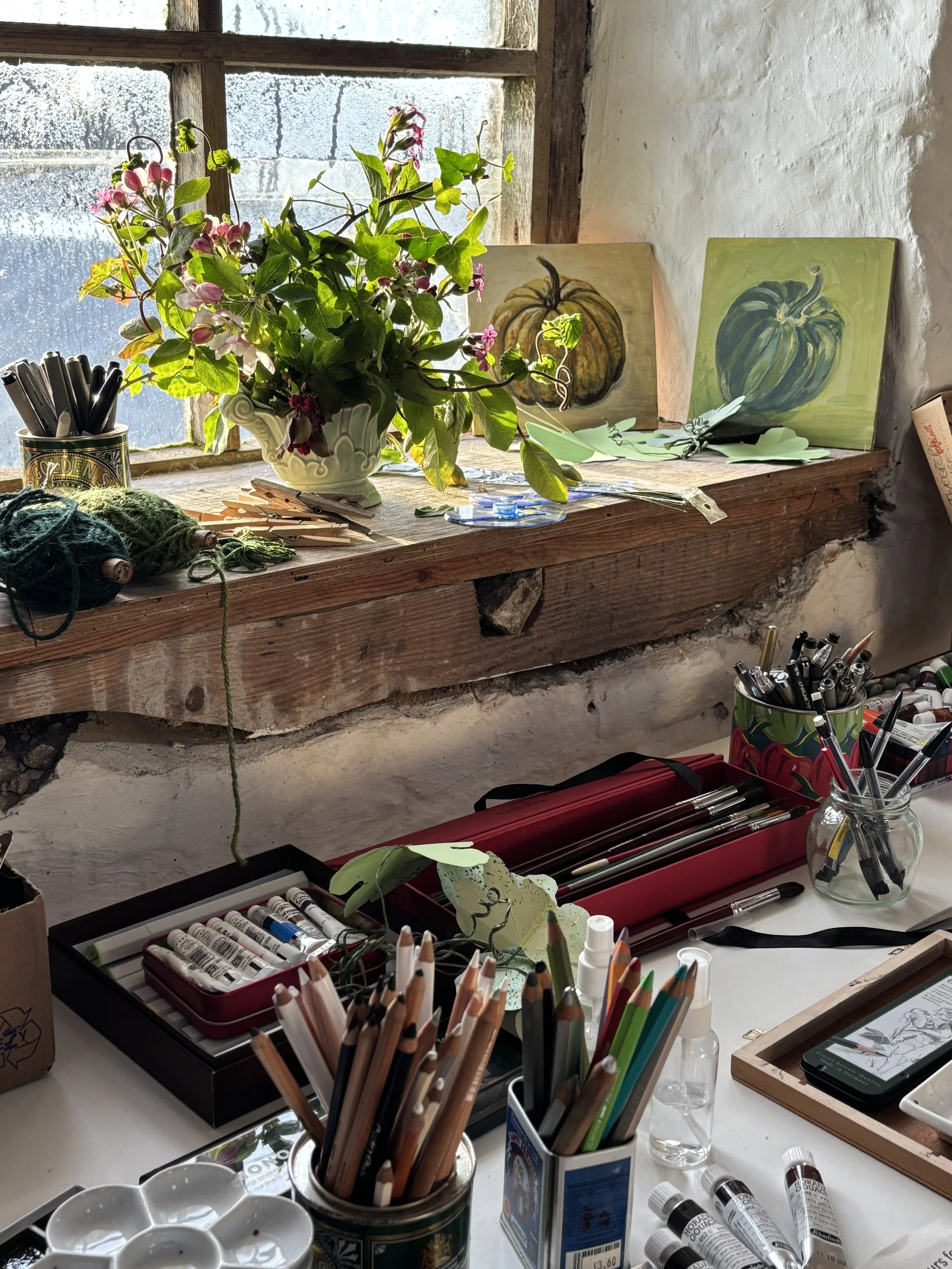 A windowsill with potted flowering plants, painted pumpkin and gourd pictures, and various art supplies including colored pencils, markers, paint tubes, brushes, and paper in an art studio setting.