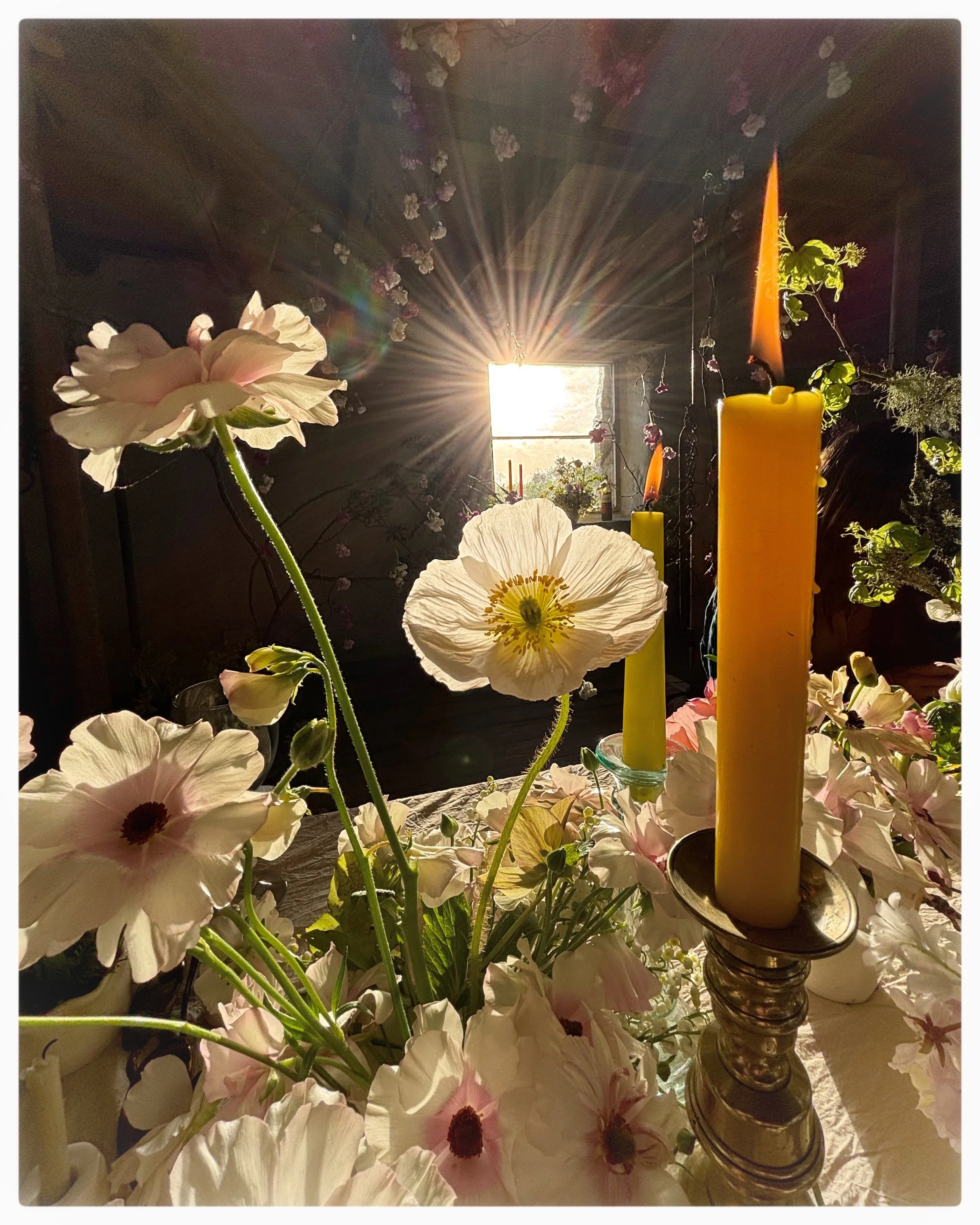 A table decorated with white and pink flowers, yellow candles, and greenery, with sunlight streaming through a small window in the background, creating a warm glow.