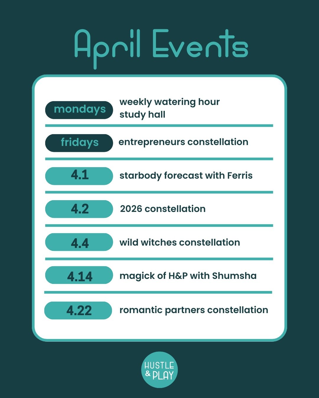 The month ahead is full of bright, beautiful connection ✨

Every Monday we&rsquo;ll dive deep into our signature categories getting into the ART of hustle, play, push &amp; move.

Every Friday we nourish the Entrepreneurs &amp; Creatives in our commu