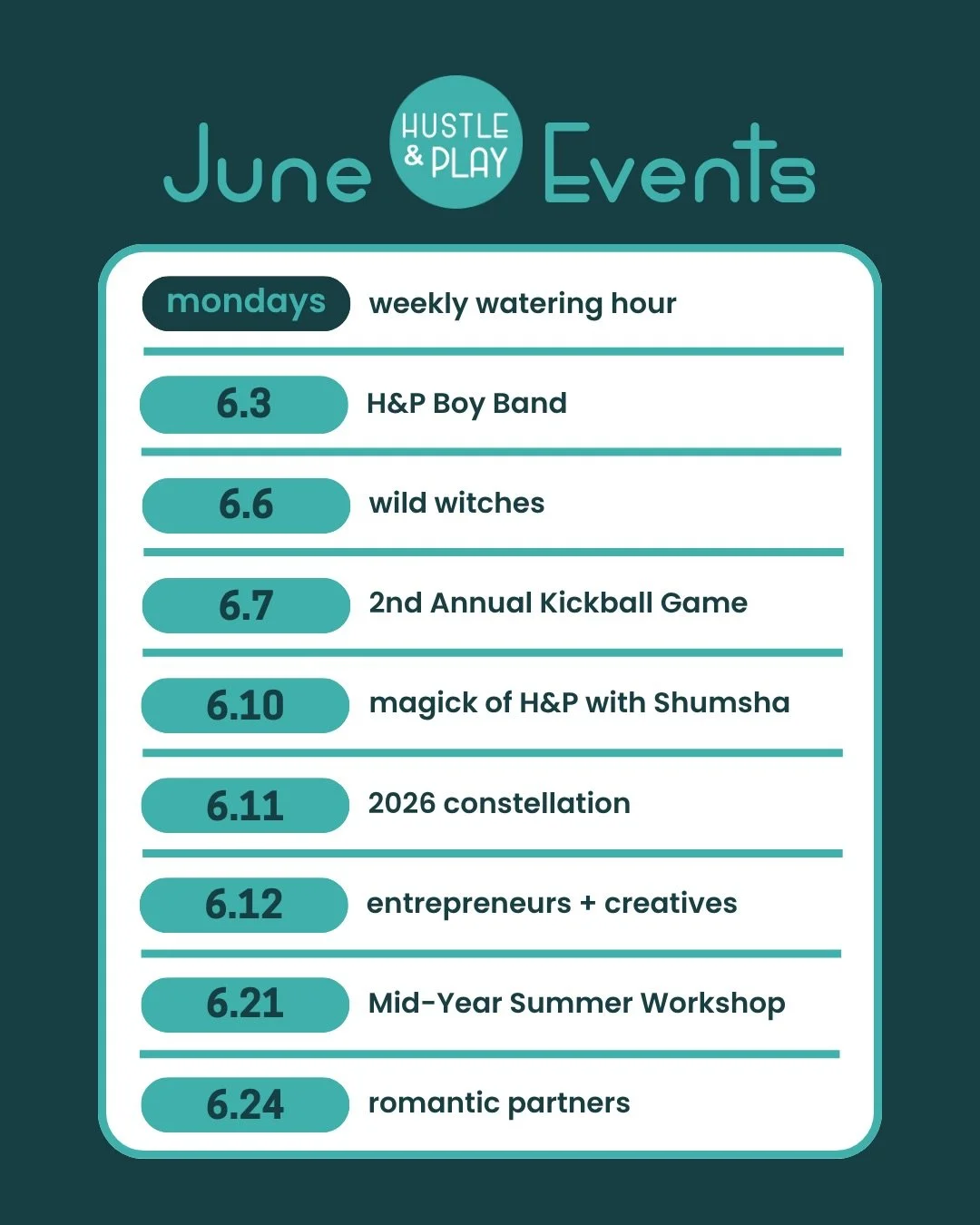 June schedule is looking BRIGHT 😎☀️

Kickball tix in bio!!

Everything else is happening in the Community Garden!