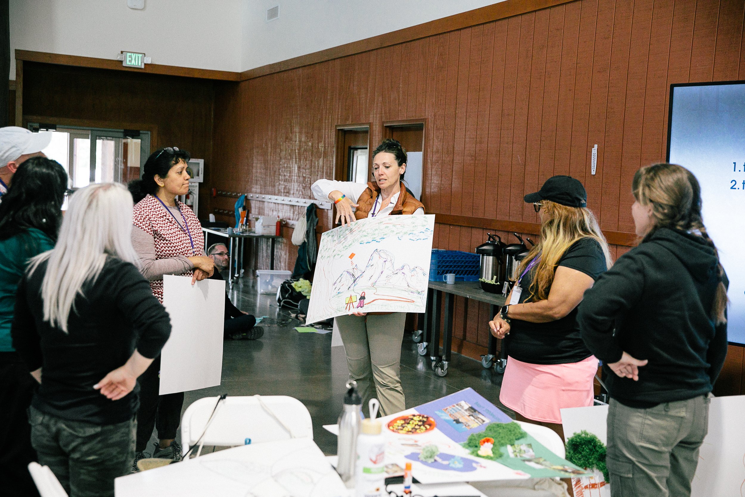 Group participating in a Hustle & Play team-building exercise, listening to a member share their artwork.