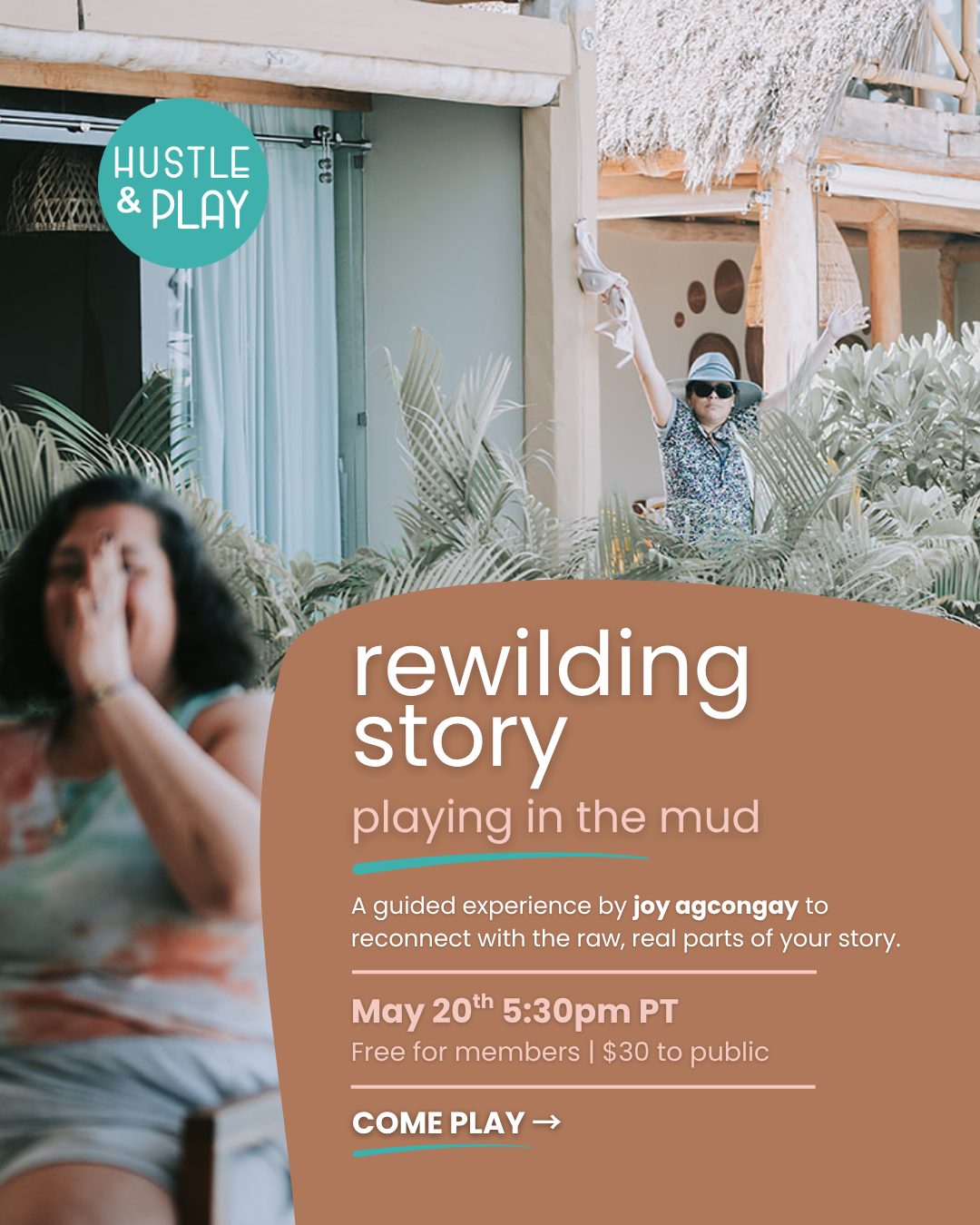 Playful image of woman at Hustle & Play retreat with her bra in the air signifying freedom and play, advertising the rewilding story workshop.