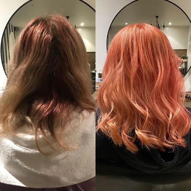 Peach melt 🍑  #peachhair #peachhaircolor #olaplex #delorenzohaircare #blondehair #rootmelt  #hairtoner #porirua #wellingtonnz