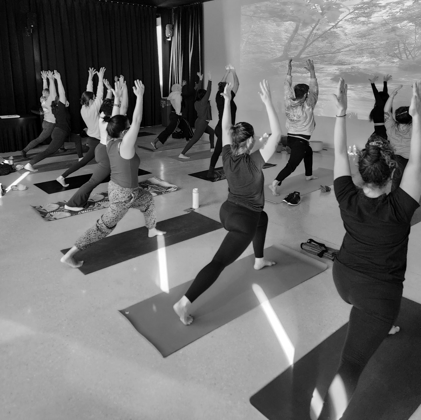 A group of people in the warrior one pose our first ever Winter Wellness event.