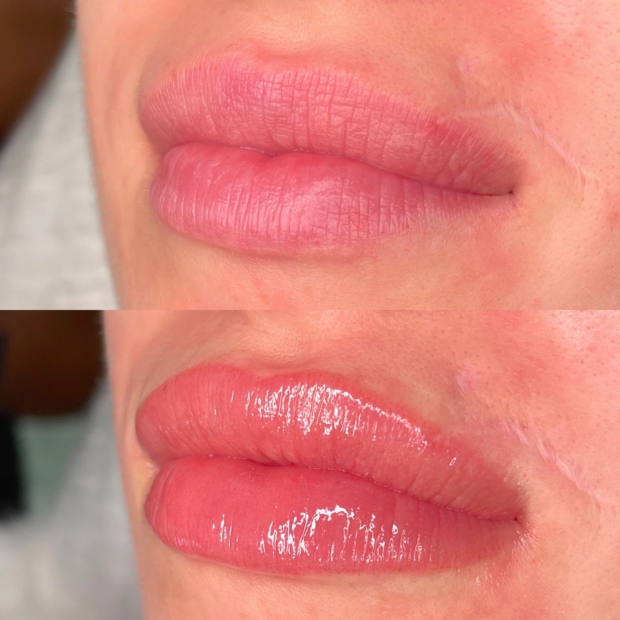 Close-up of lips before and after applying a healing lip blush, showing improved color and definition.
