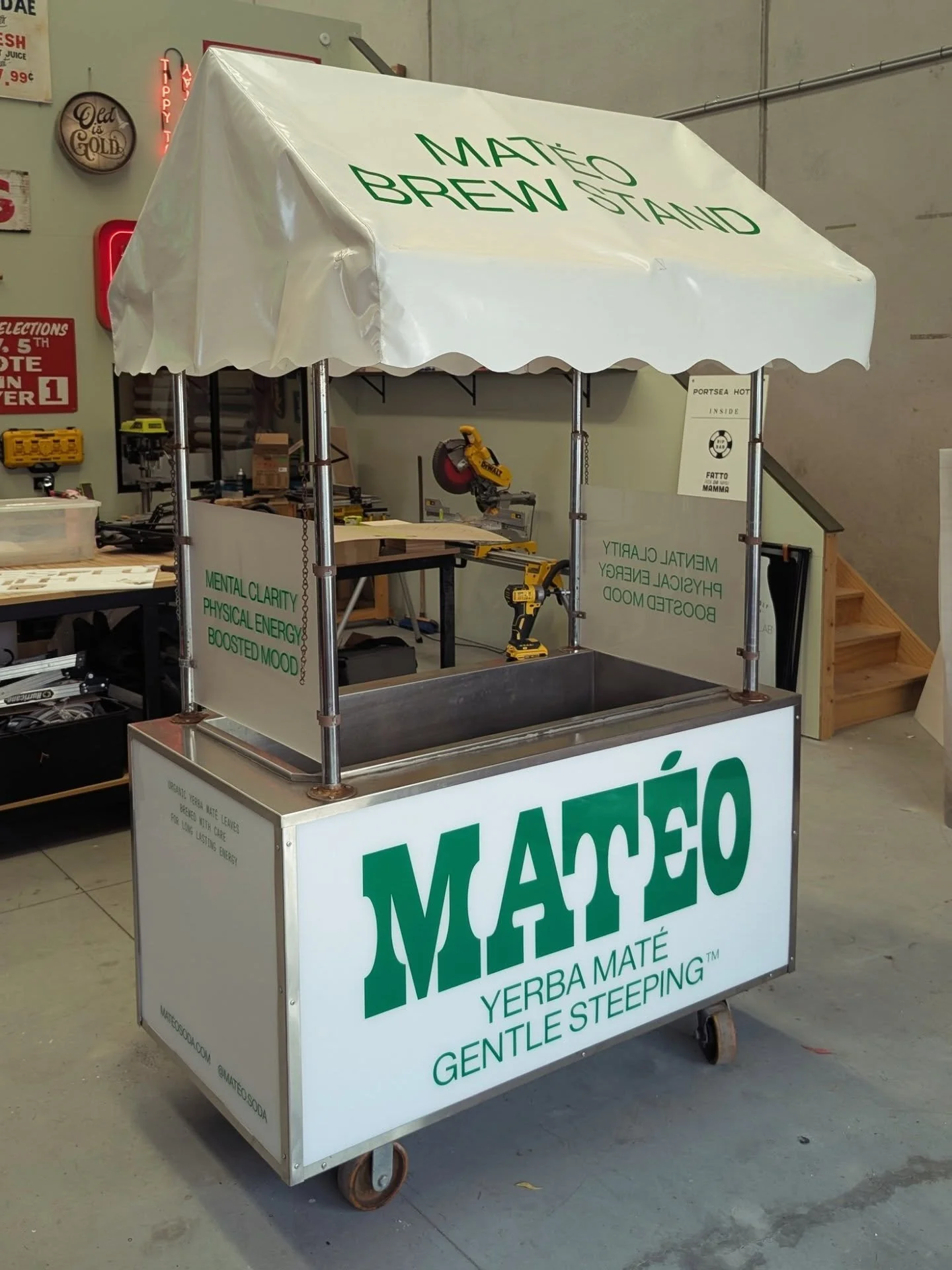 We refurbished this beauty of a vendor cart for @mateo.soda last year. It was super cool as they found it but the finished product is so fresh. 
Can't beat a repurposed item for a one of a kind outcome. 

Designed and directed by our friends @sodaa.c