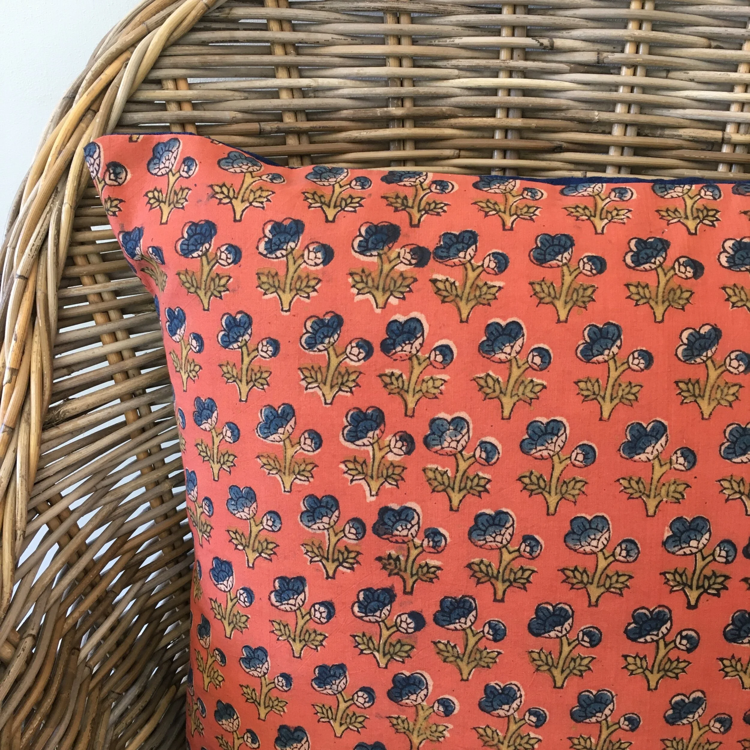 Peachy Orange and Indigo Floral Blockprint Cushion
