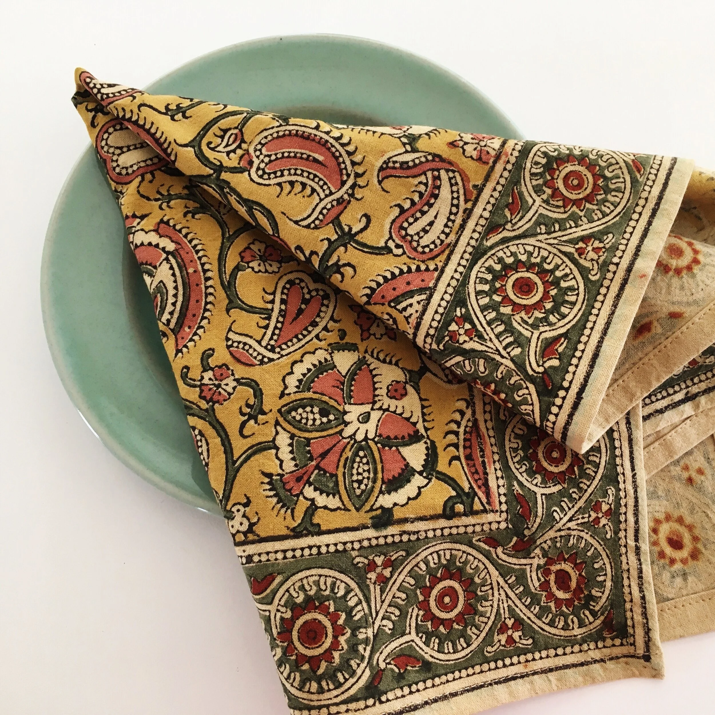 Napkins  - Mustard and Coral Pink Kalamkari blockprint