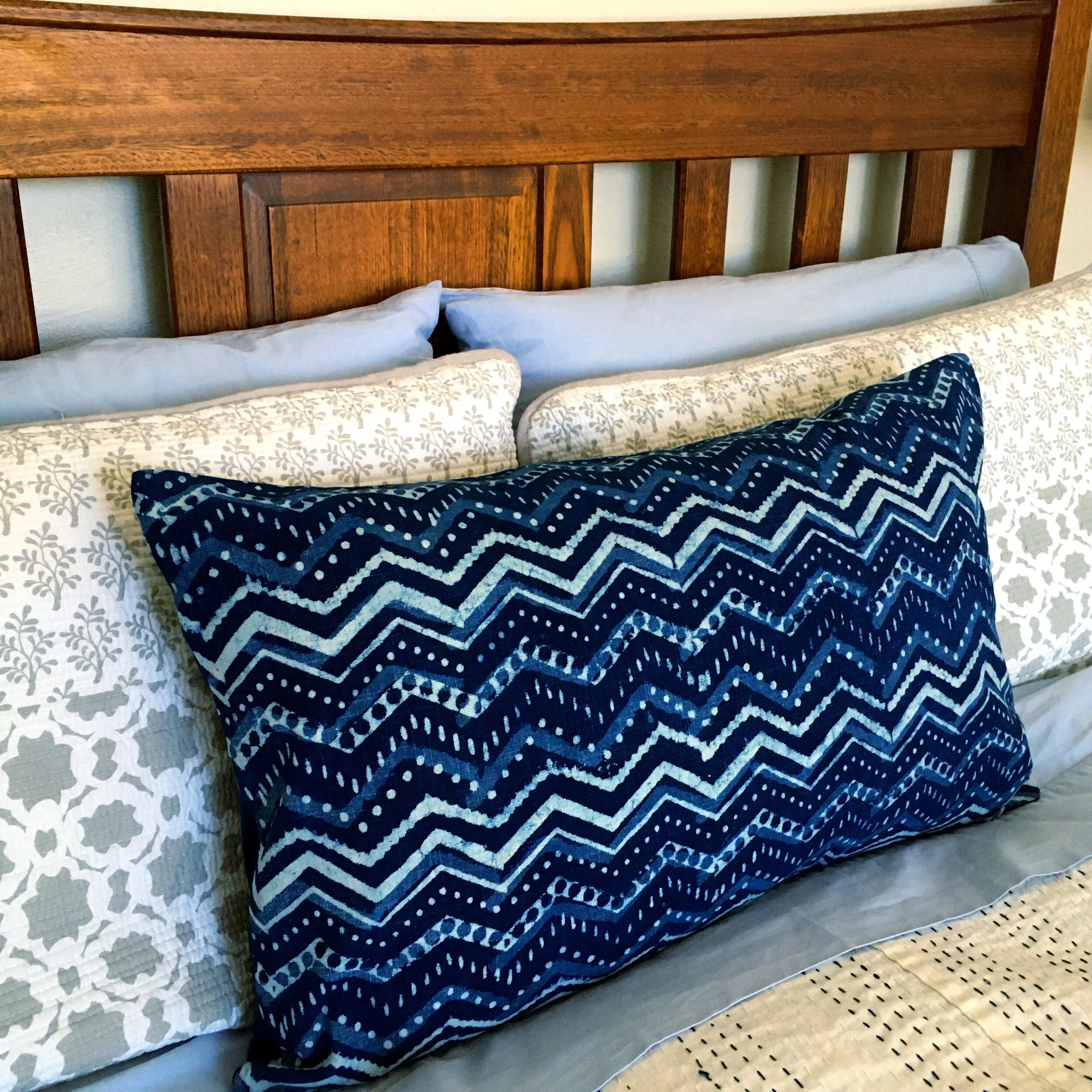 Indigo Blockprint Cushion - Mountain Wave