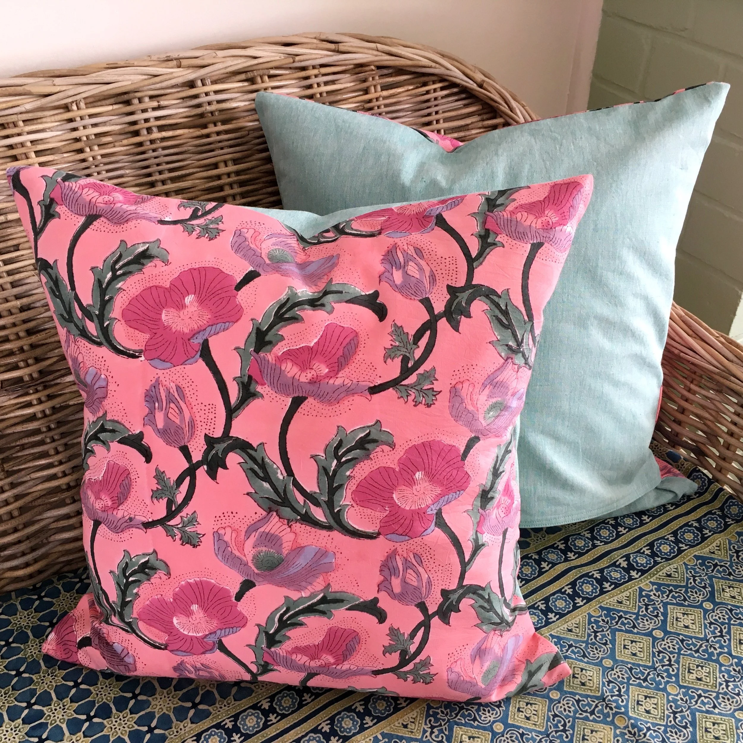 Pink Poppy & Sea Foam Block Printed Cushion
