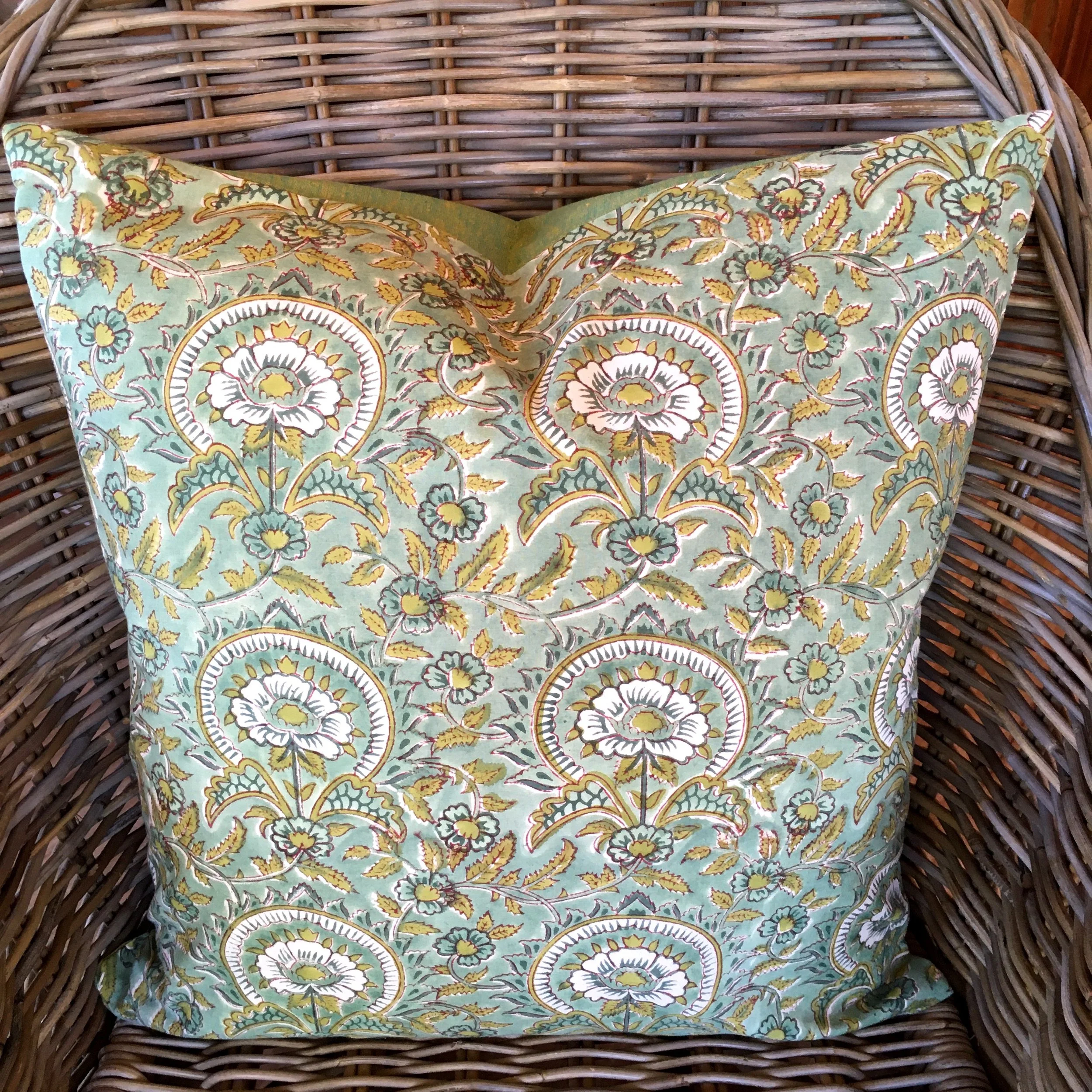 Blockprint Cushion - Sage Green and Mustard Flowers