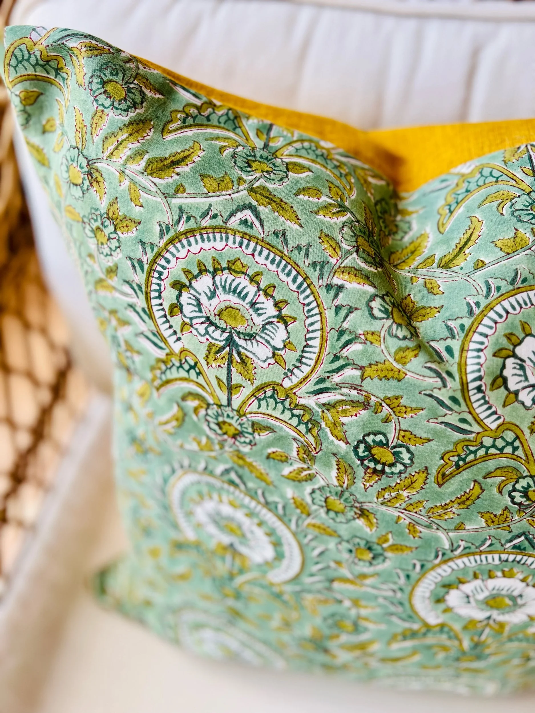 Sage Green Turmeric Floral Blockprint Cushion