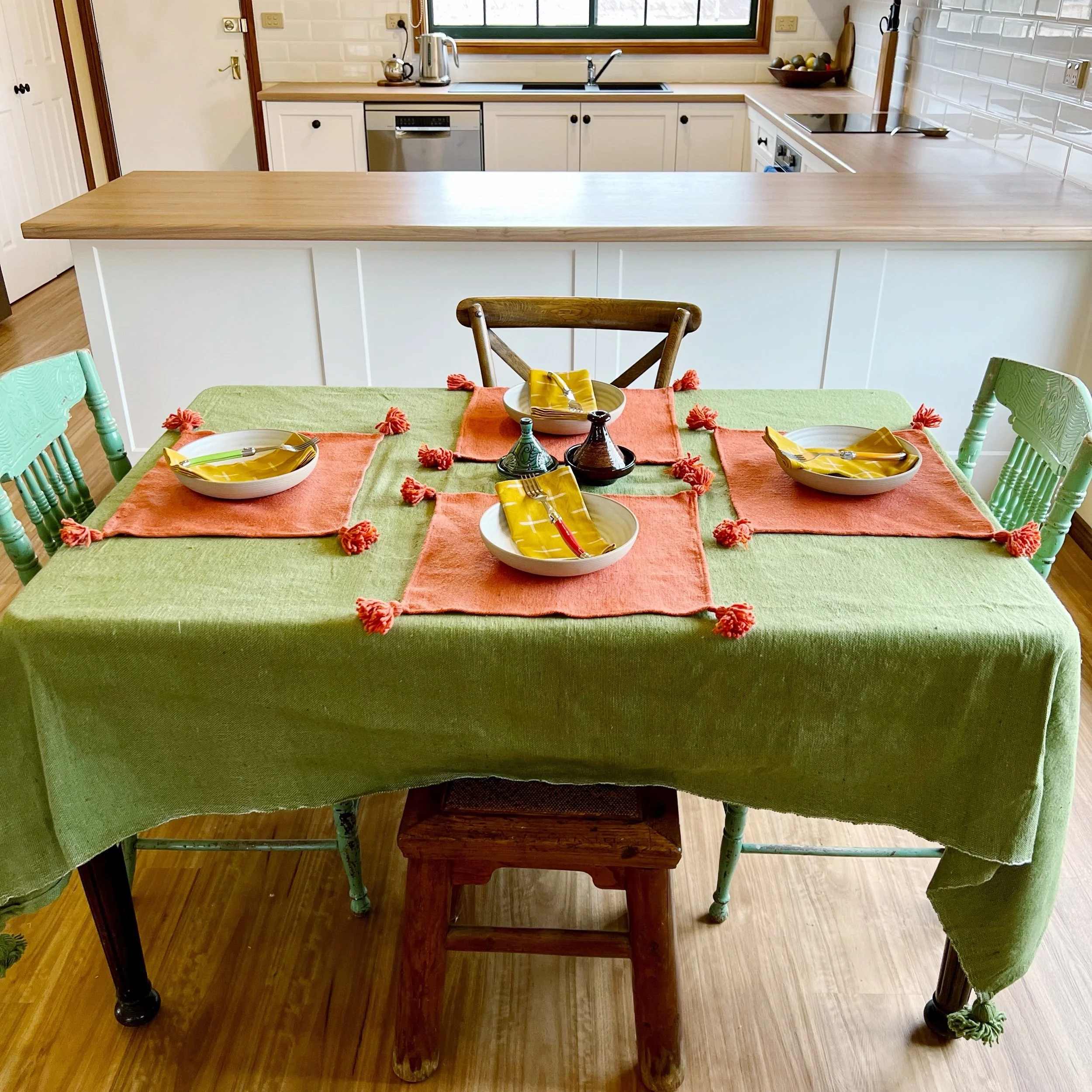 Pom Pom Tablecloth - Avocado (6-8 seater)