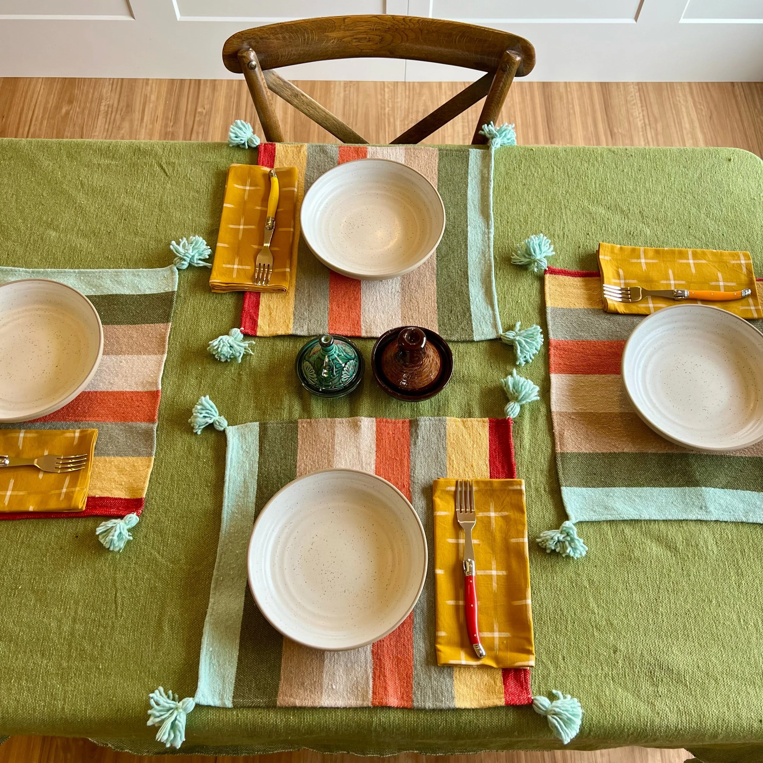 Pom Pom Placemats - Aqua Stripes (set of 4)