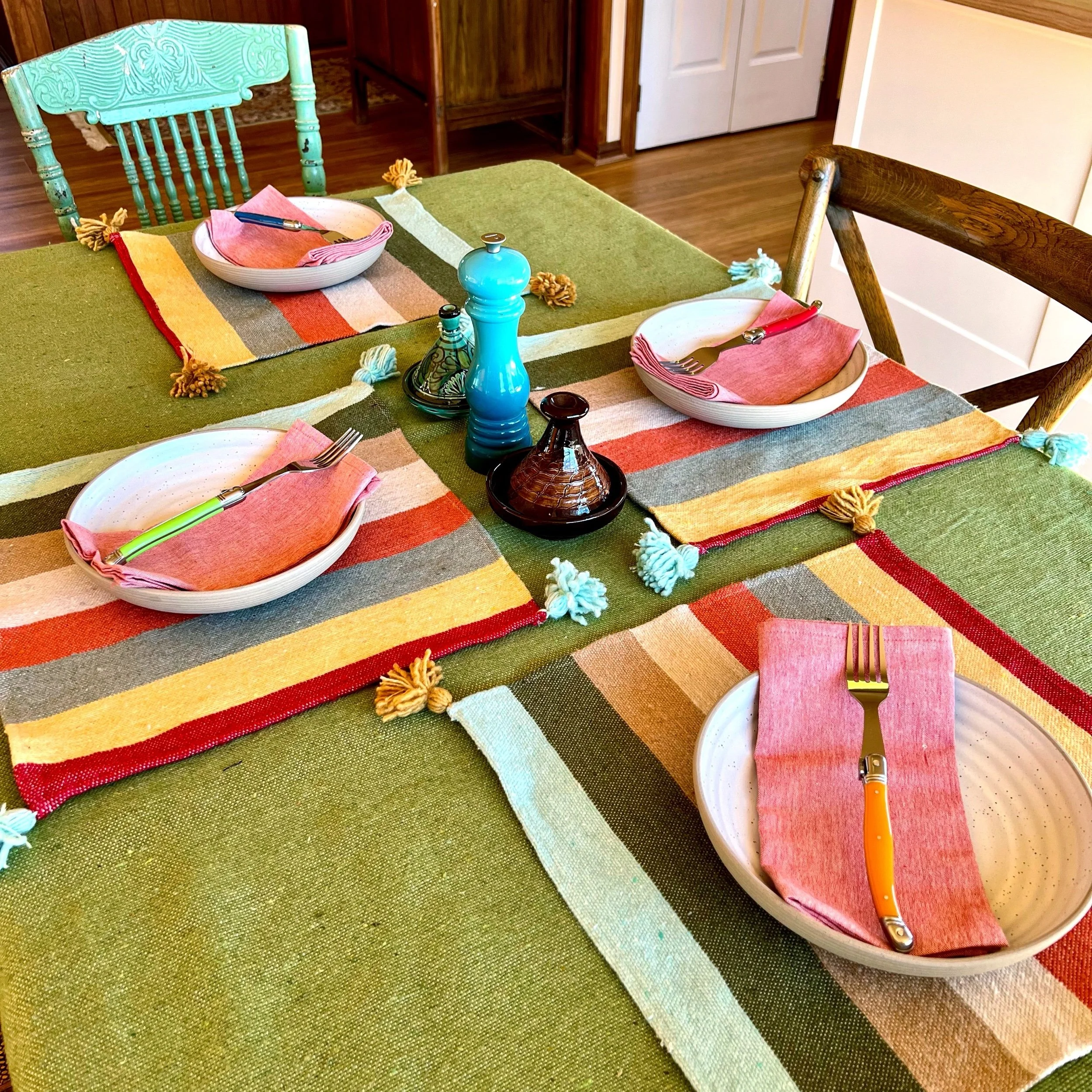 Pom Pom Placemats - Aqua & Mustard Stripes (set of 4)
