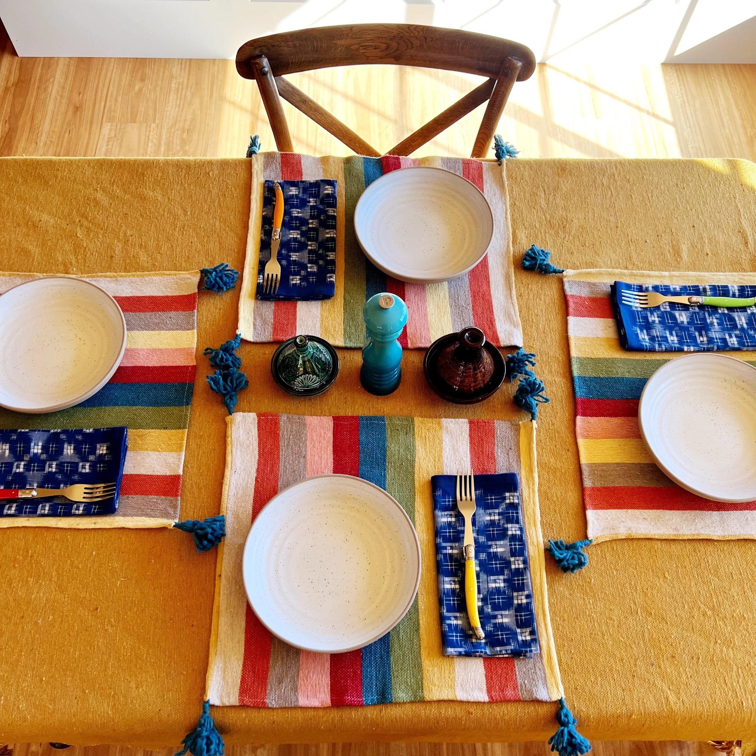 Pom Pom Placemats - Teal Stripes (set of 4)